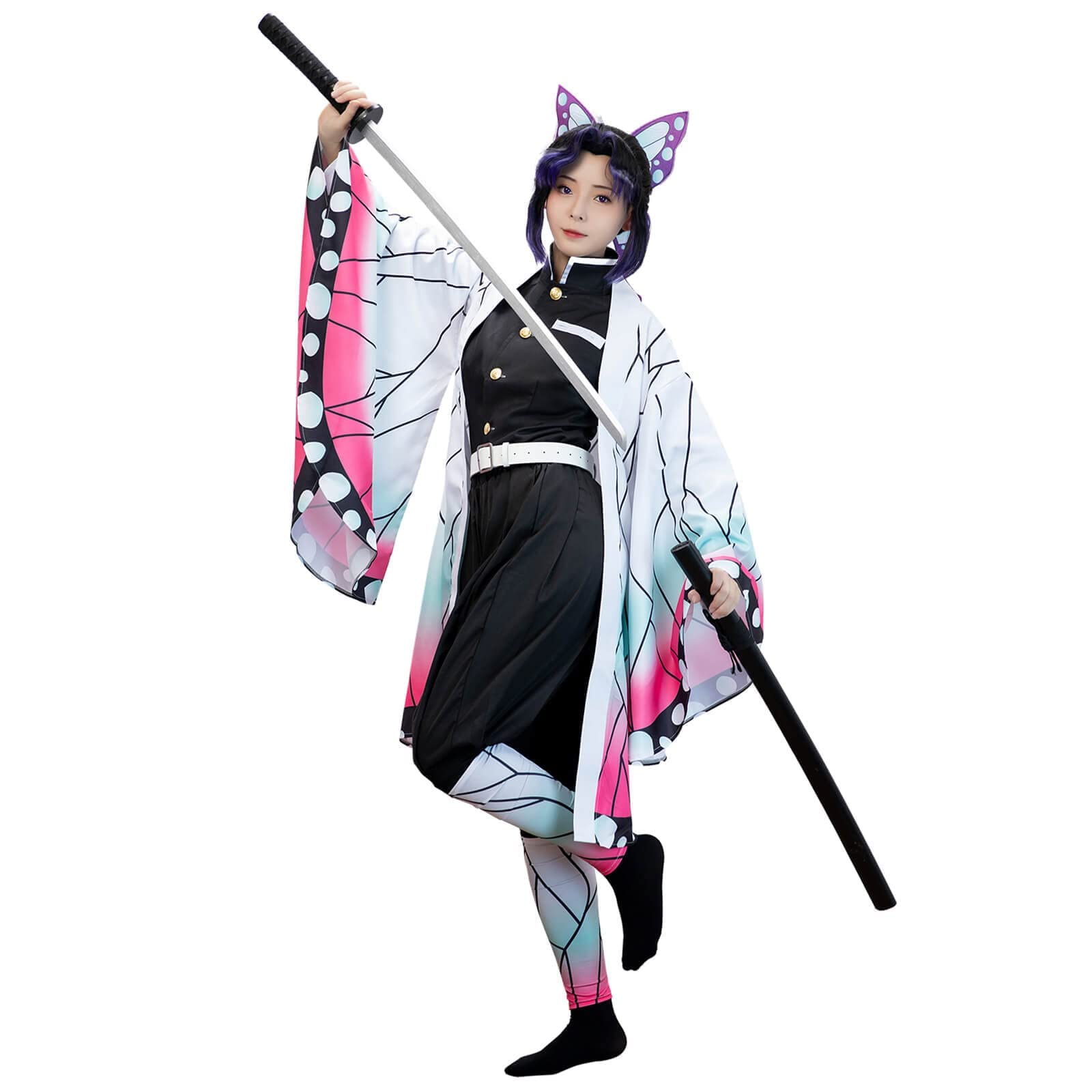 CR ROLECOS Kochou Shinobu Cosplay Outfit Womens Shinobu Cosplay Costume Anime Robe Kimono Uniform Halloween S