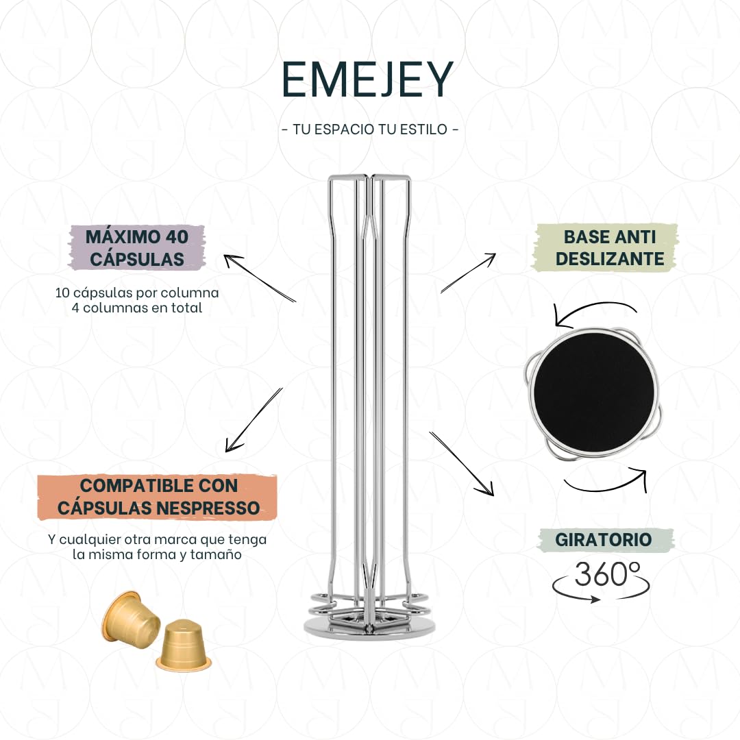Soporte Cápsulas de Café Compatible con Nespresso - 40 Cápsulas - Giratorio 360º - Organizador de Cápsulas de Acero Cromado Inoxidable - Base Antideslizante | Incluye Lápiz Decorador