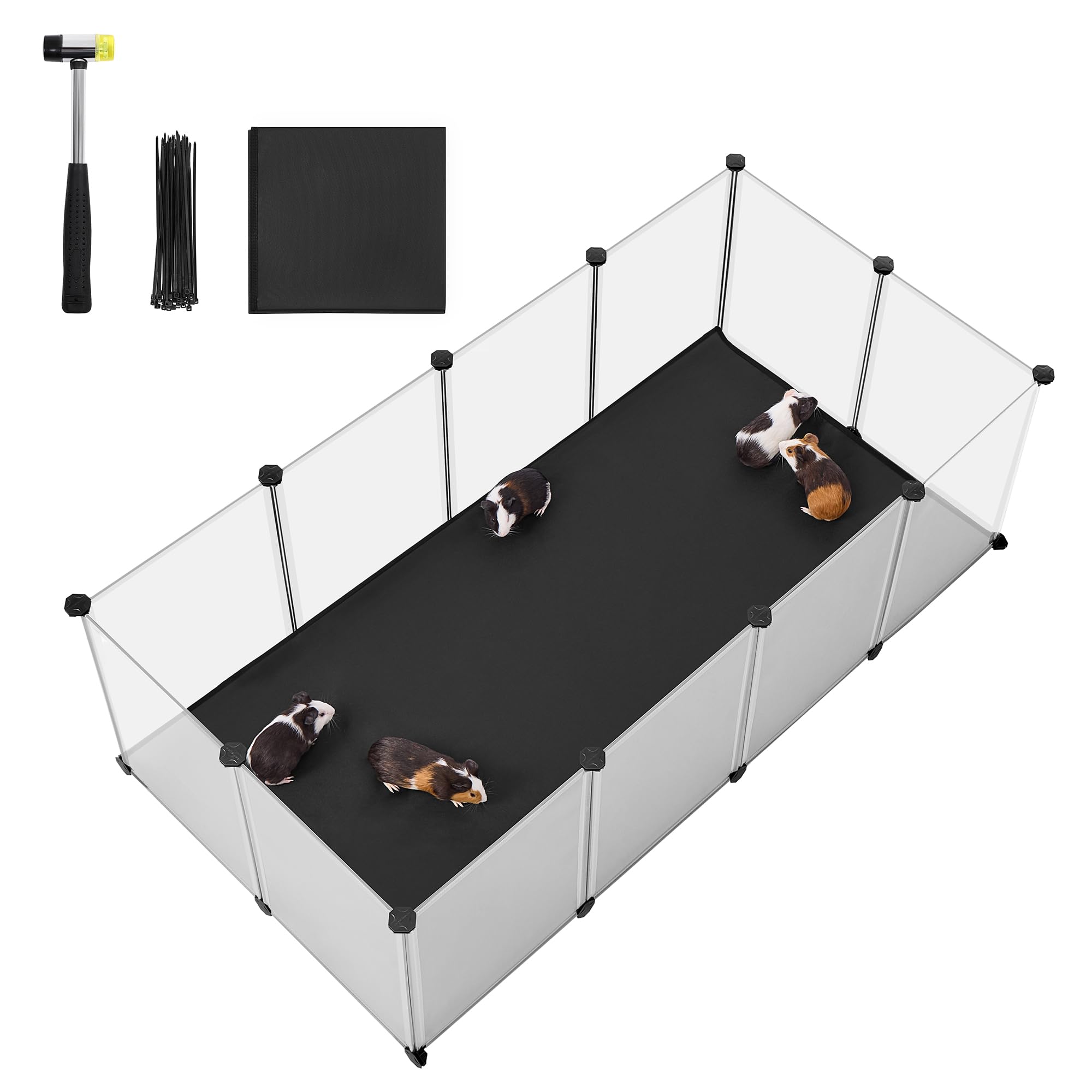 SONGMICS Pet Playpen with Floor, Removable Oxford Fabric Mat, Small Animal Enclosure, DIY Plastic Cage, Indoor Run for Hamsters, Rabbits, Hedgehogs, Guinea Pigs, 143 x 73 x 46 cm, White LPC012W01