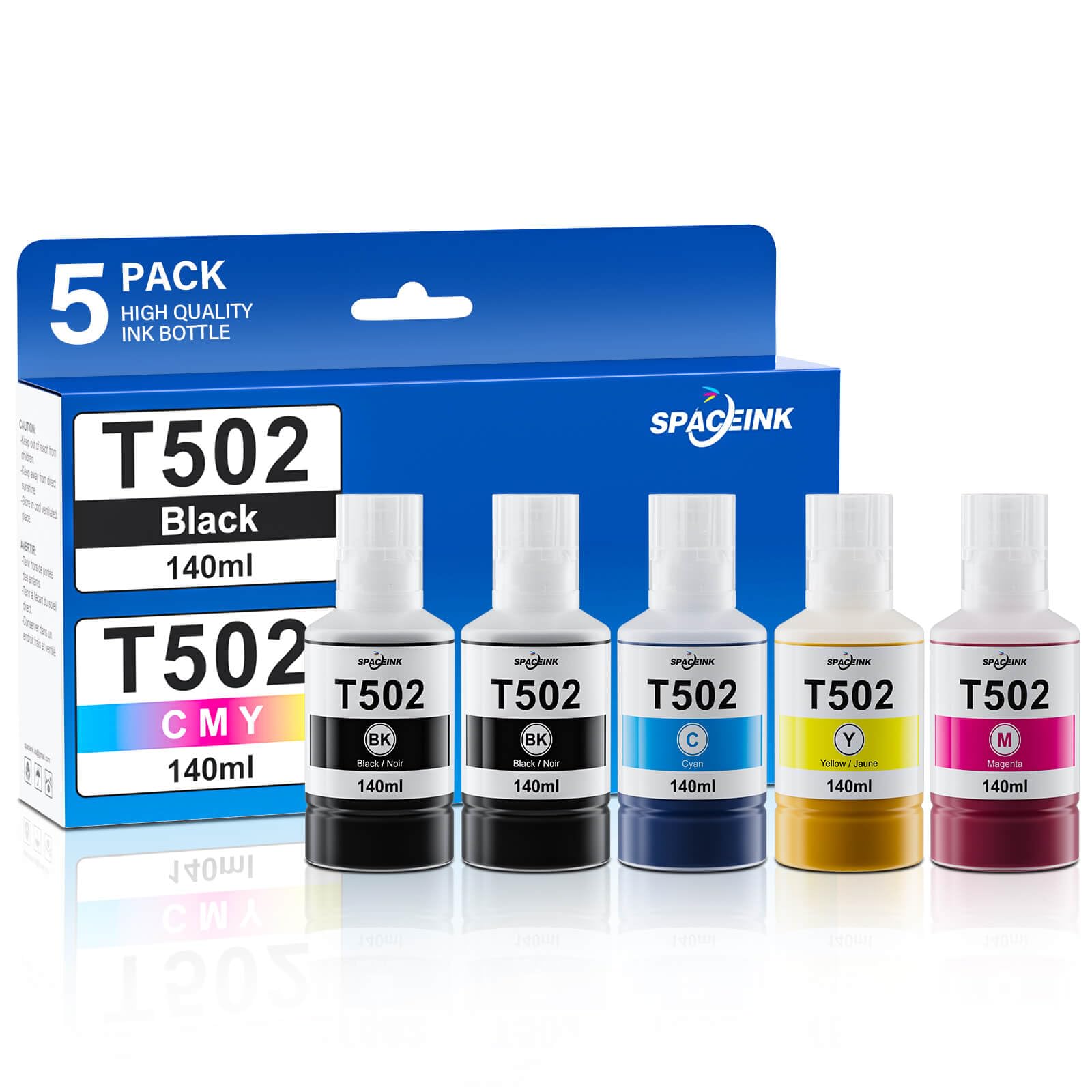 T502 Ink Refill Bottles for Eco Tank ET-2760 ET-4760 ET-2850 ET-3760 ET-3850 ET-4850 ET-2750 ET-4750 ET-3750 ET-3710 ET-3830 ET-15000 ET-3700 ET-2700 ET-2980 ET-2988 Printer 140ml 5 Bottles(2BK C M Y)