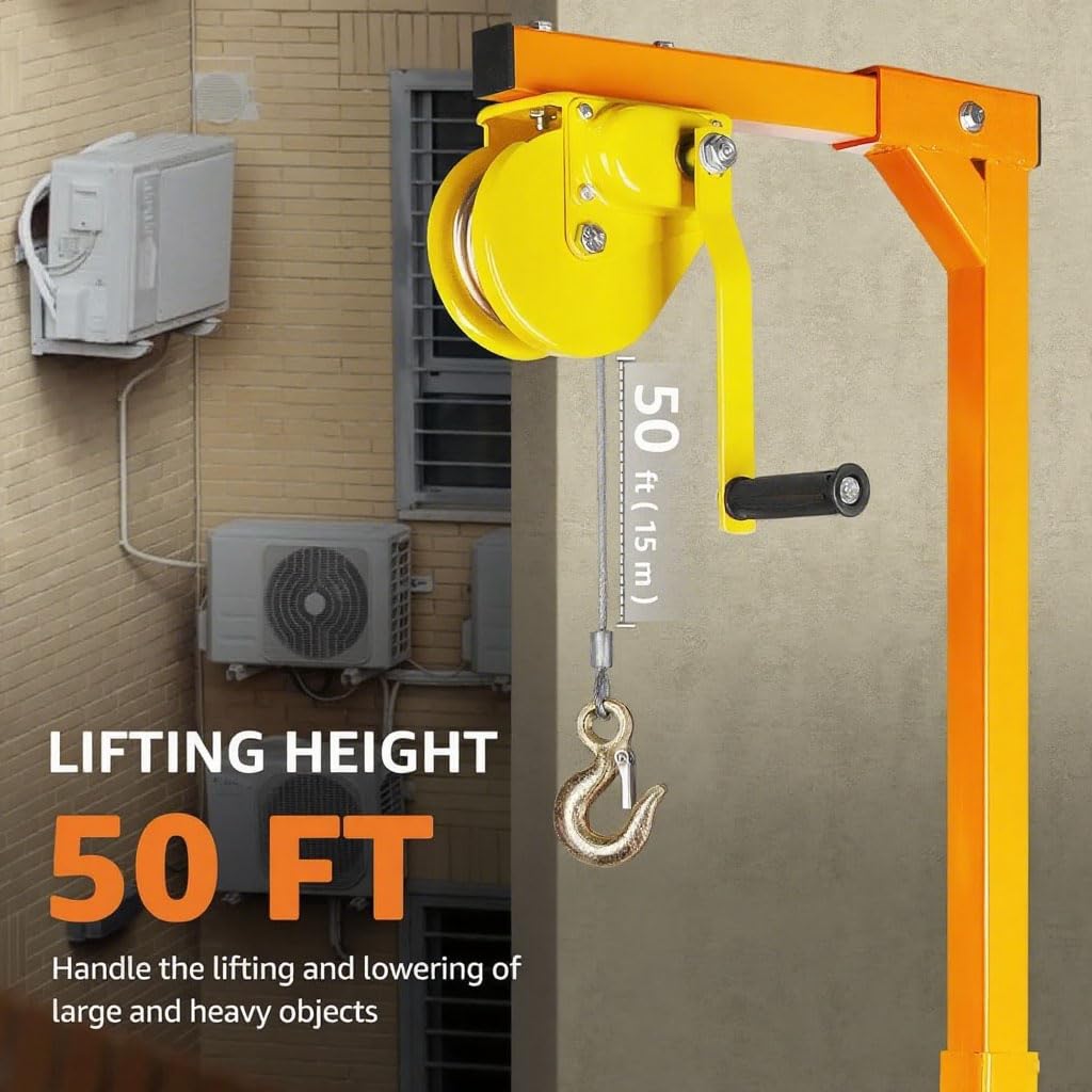 Air Conditioner Lifting Crane, Stainless Steel HVAC Hoist with 49ft Rope and ?1200Lbs Manual Winch, All-Weather Bracket for Roof Top or Wall HVAC, Commercial, Residential AC Installation (KQZZIV)