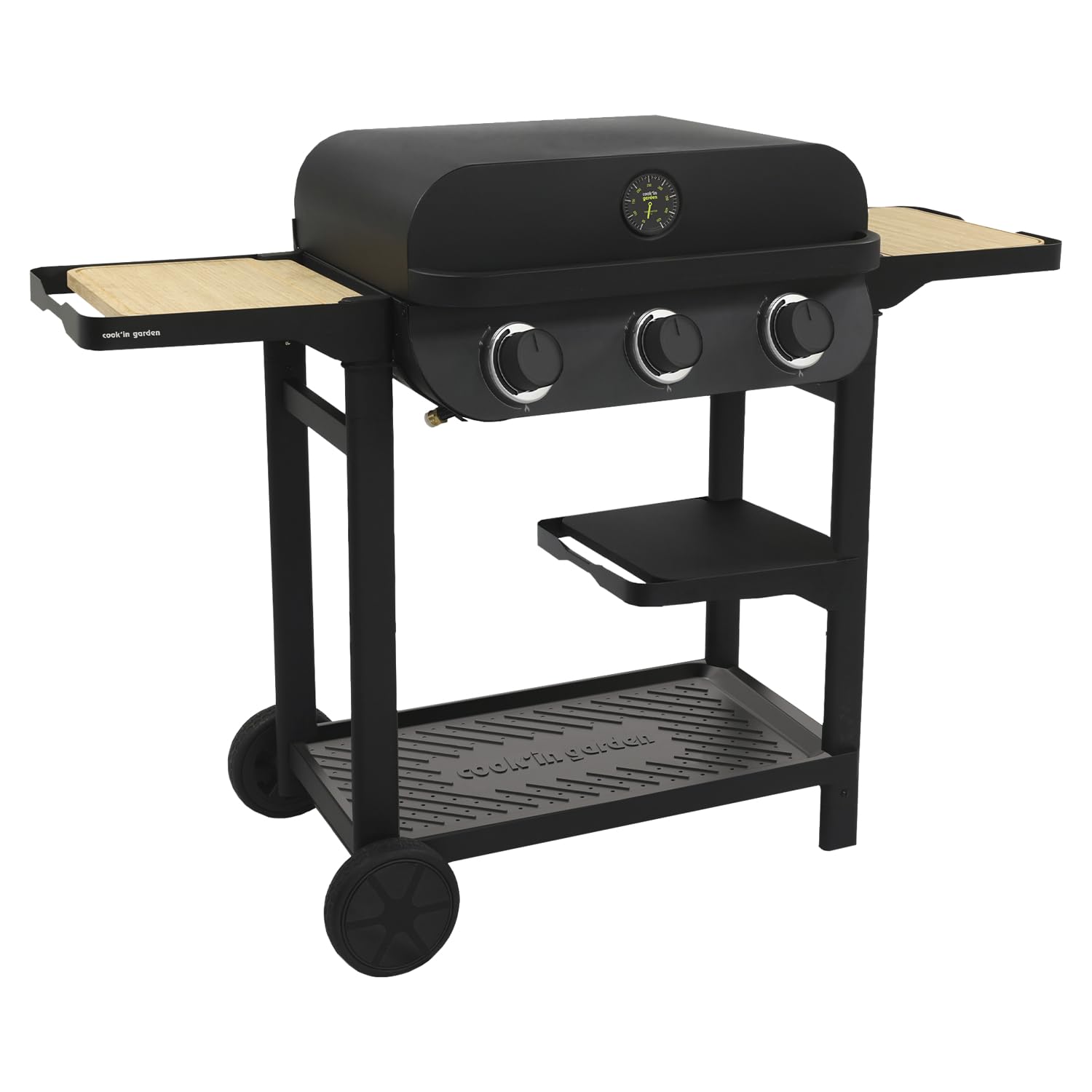 Cook’in Garden - Barbecue Gaz FLAVO 60 sur Chariot, 3 Brûleurs, Fonction Grill et Plancha, Structure Métal, Cuve Acier, Allumage Facile, Capot avec Thermomètre, Idéal Terrasse Extérieur Jardin