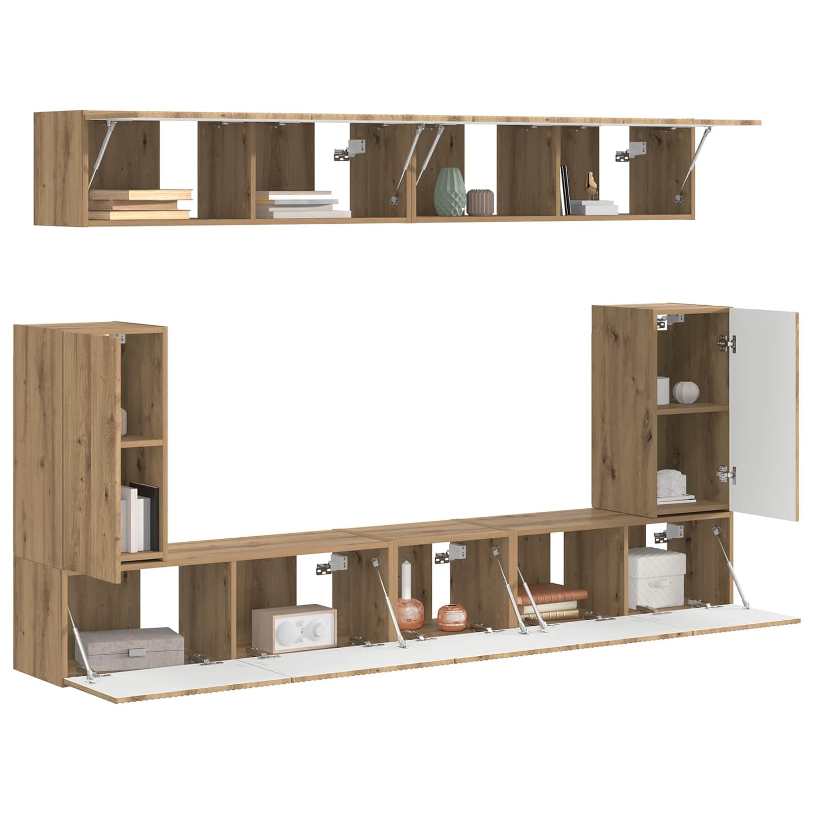 Mueble de TV montado en la pared, 5 piezas de roble Artisan, moderno centro multimedia, muebles de entretenimiento para sala de estar