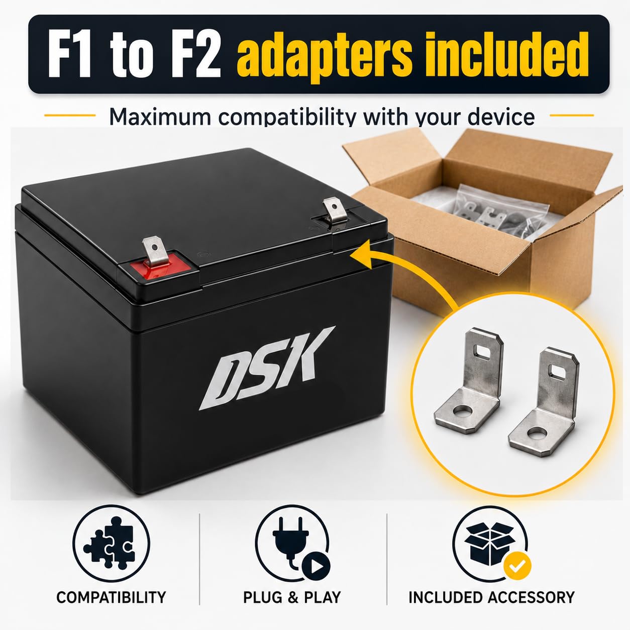 DSK 103632 - Uszczelniony akumulator ołowiowy AGM o wysokim rozładowaniu 12V i 9Ah. Idealny do UPS-SAI, systemów bezpieczeństwa i komunikacji, świateł awaryjnych…