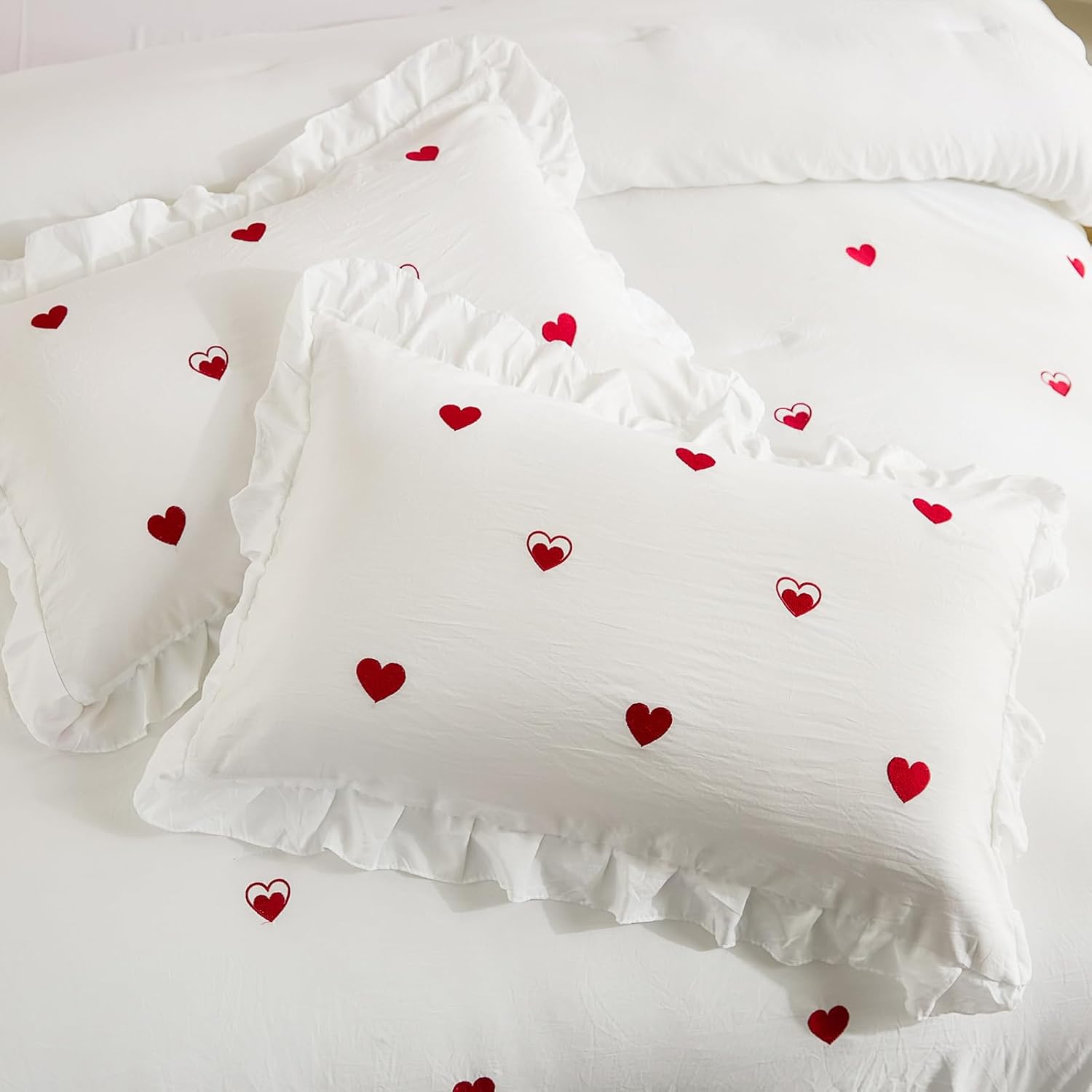 White Ruffle Comforter Queen Red Love Bedding Sets Love Heart Embroidery Design Romantic Girls Couple Bedding Red and White Bed Comforter Sets