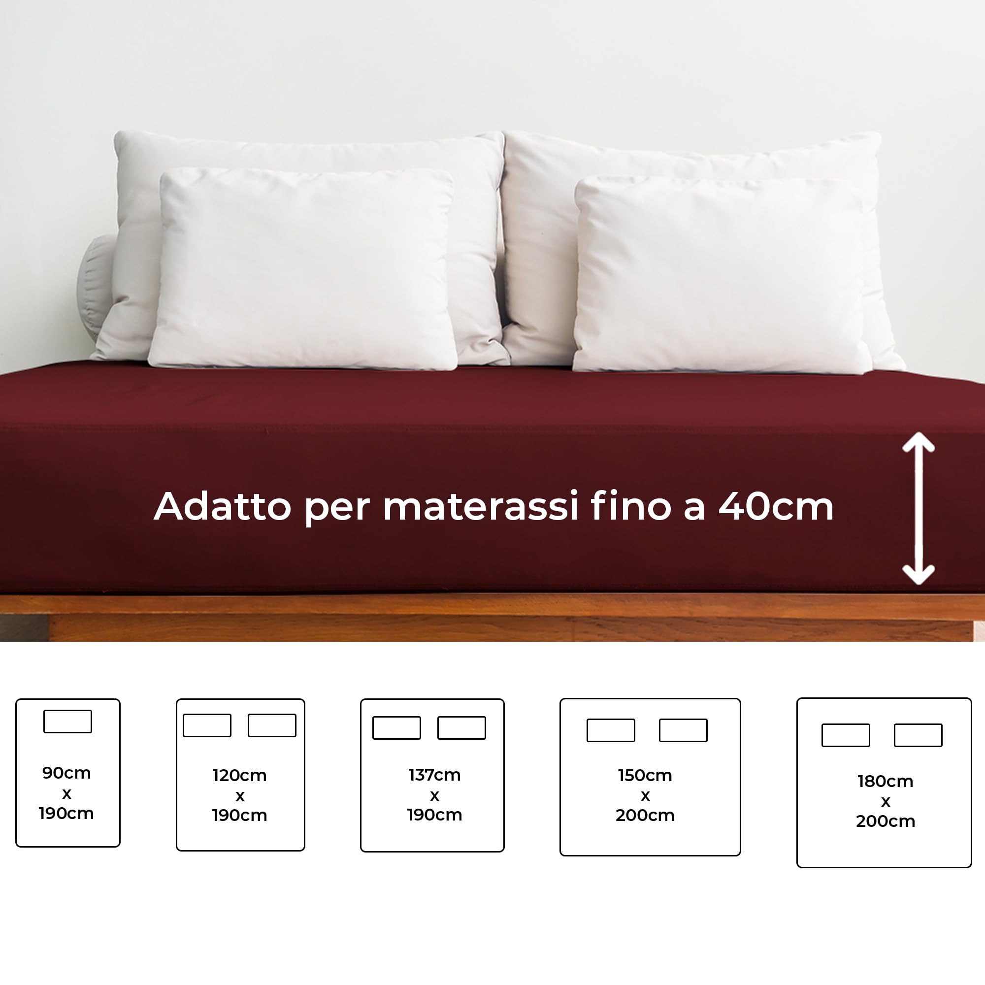 Lenzuolo con angoli 100x200 Borgogna 40 cm profondità - Lussuoso lenzuolo - Per letti a molle - Per materassi fino a 40 cm di altezza - Morbido, senza pieghe e traspirante - Confezione singola