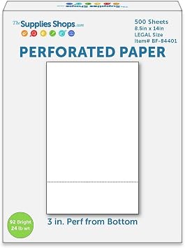 Perforated Paper, 3" From Bottom, Horizontal on White 24# LEGAL Size Copy Paper Ream of 500