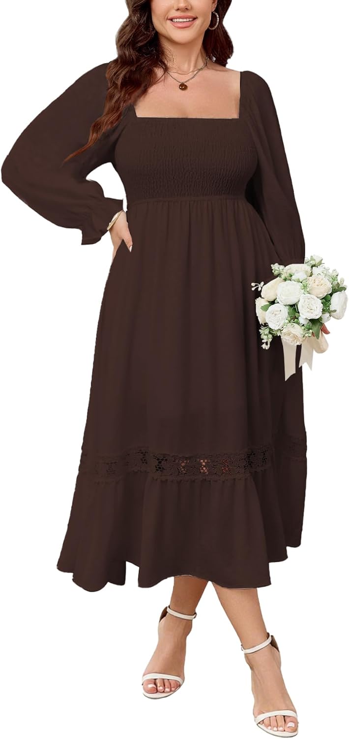 SCOMCHIC Womens Plus Size Fall Dresses Long Sleeve Square Neck Wedding Guest Smocked Flowy Boho Country Western Maxi Dress - Image 2