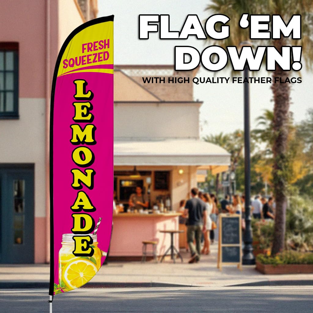 LookOurWay Federflaggenmast-Set – 3,6 m hohes Werbeflaggenbanner mit Fiberglas-Stangen-Set und drehbarem Erdspieß für Geschäftsförderung – Saftflagge – frische gepresste Limonade