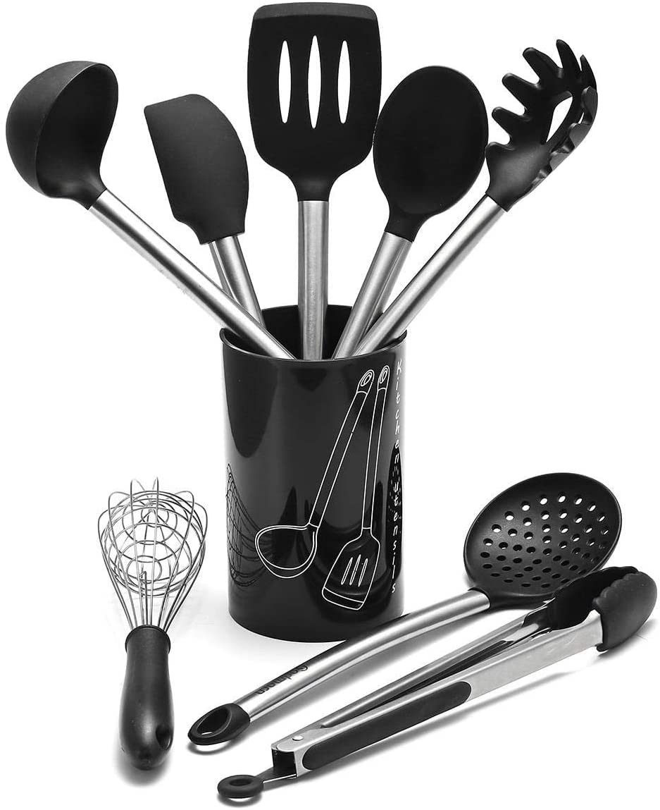 Küchenutensilien Set, Küchenhelfer Set, Küchenutensilien, Küchenutensilien-Set 9-teiliges Antihaft-Kochwerkzeug mit Kunststoffhalter – Silikon und Edelstahl – Töpfe und Pfannen – Schwarz