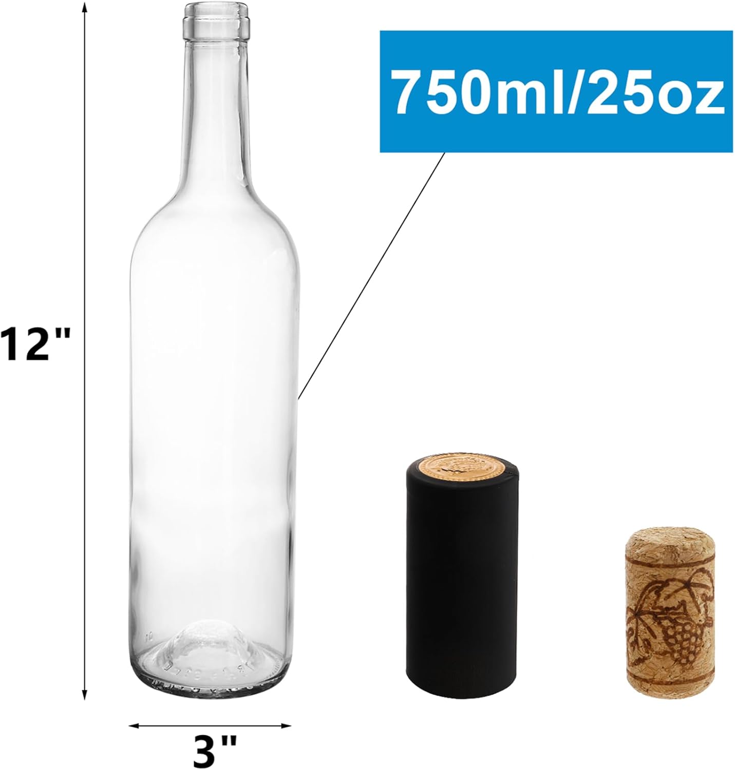 DEAYOU 8 Pack 750ml Bordeaux Wine Bottles, Glass Clear Bottles with 8 Corks and PVC Shrink Capsules, Flat-Bottomed Empty Bottles for Liquor, Cham