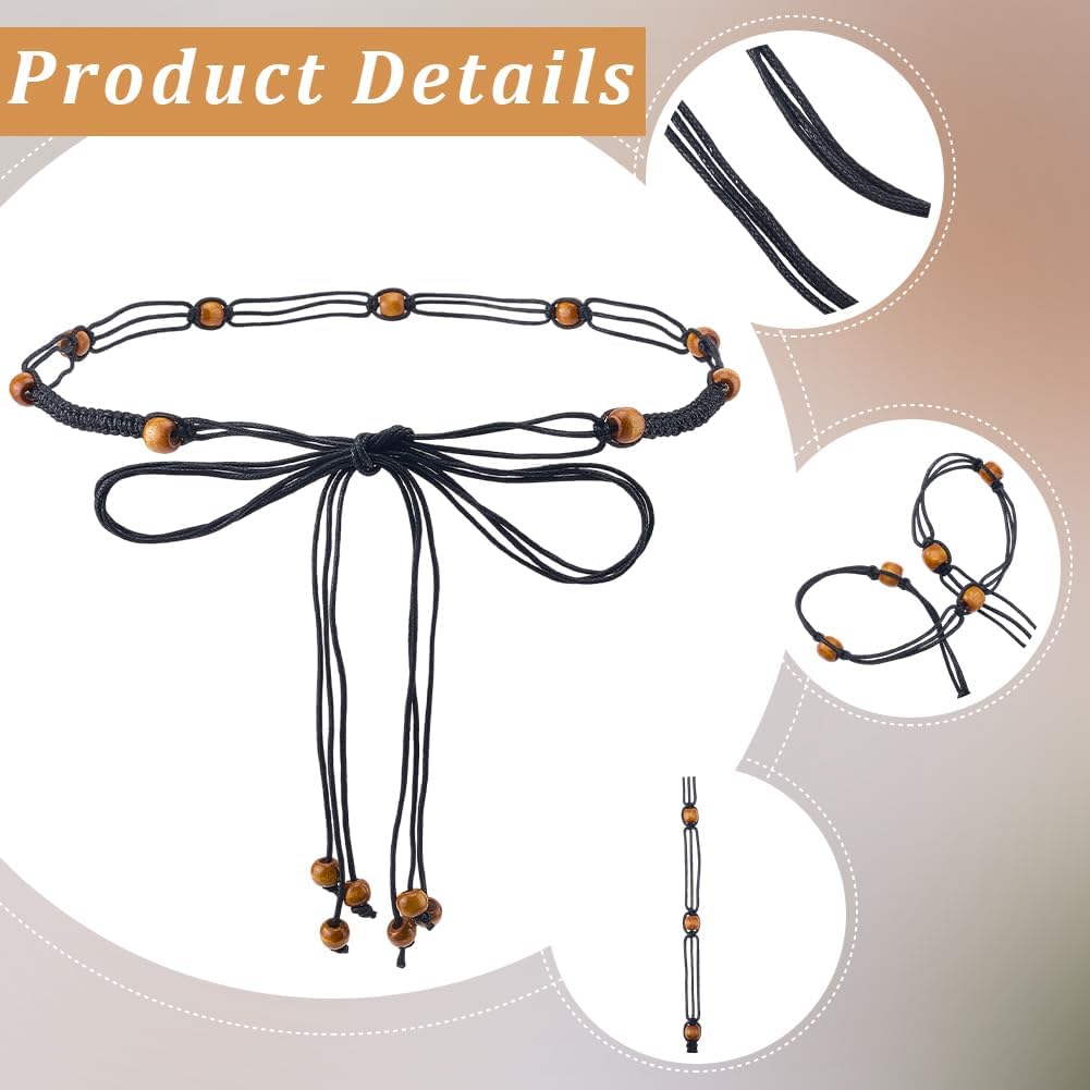CRASPIRE Beaded Rope Belt Boho Tassel Belts White Bohemian Adjustable Handmade Cord Braided Long Skinny Strap Chain Wood Beads Western Woven Thin Tie for Women Lady Dress Cloth Skirt Wrap 67 Inch - Image 6