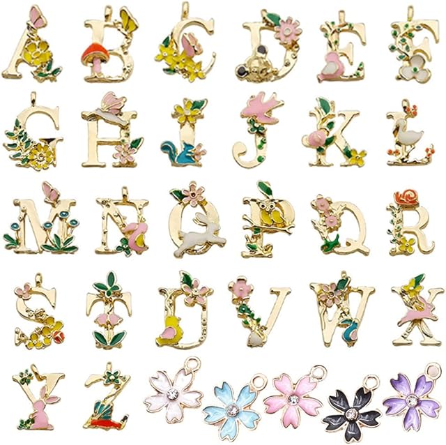 RuiChy 31 Piece Flower Style Initial Alphabet Letter Charms, A-Z Pendant Garden Fairy Tale Enamel Charms for DIY Jewelry Making Necklaces Earrings Bracelets Craft Projects