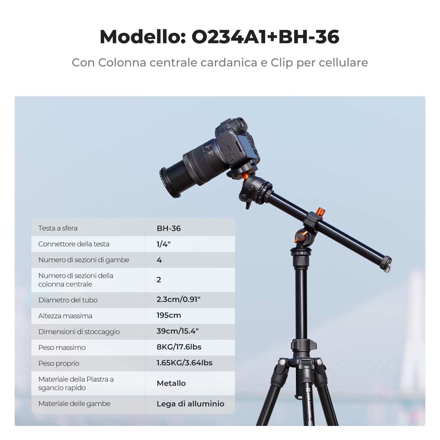 K&F CONCEPT Treppiede Fotocamera 187cm – Alluminio, Altezza Regolabile 49-187cm, Testa A Sfera BH-40, Capacità 10kg, Compatibile Con DSLR E Smartphone