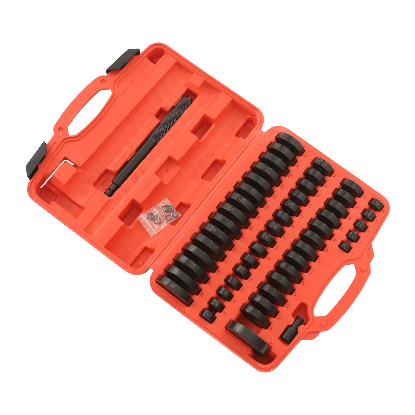 51 attrezzi per cuscinetti ruota, in acciaio al carbonio, in plastica, 34 x 28 x 8,5 cm, con 49 piastre di pressione, 1 timbro codificato, 1 chiave esagonale