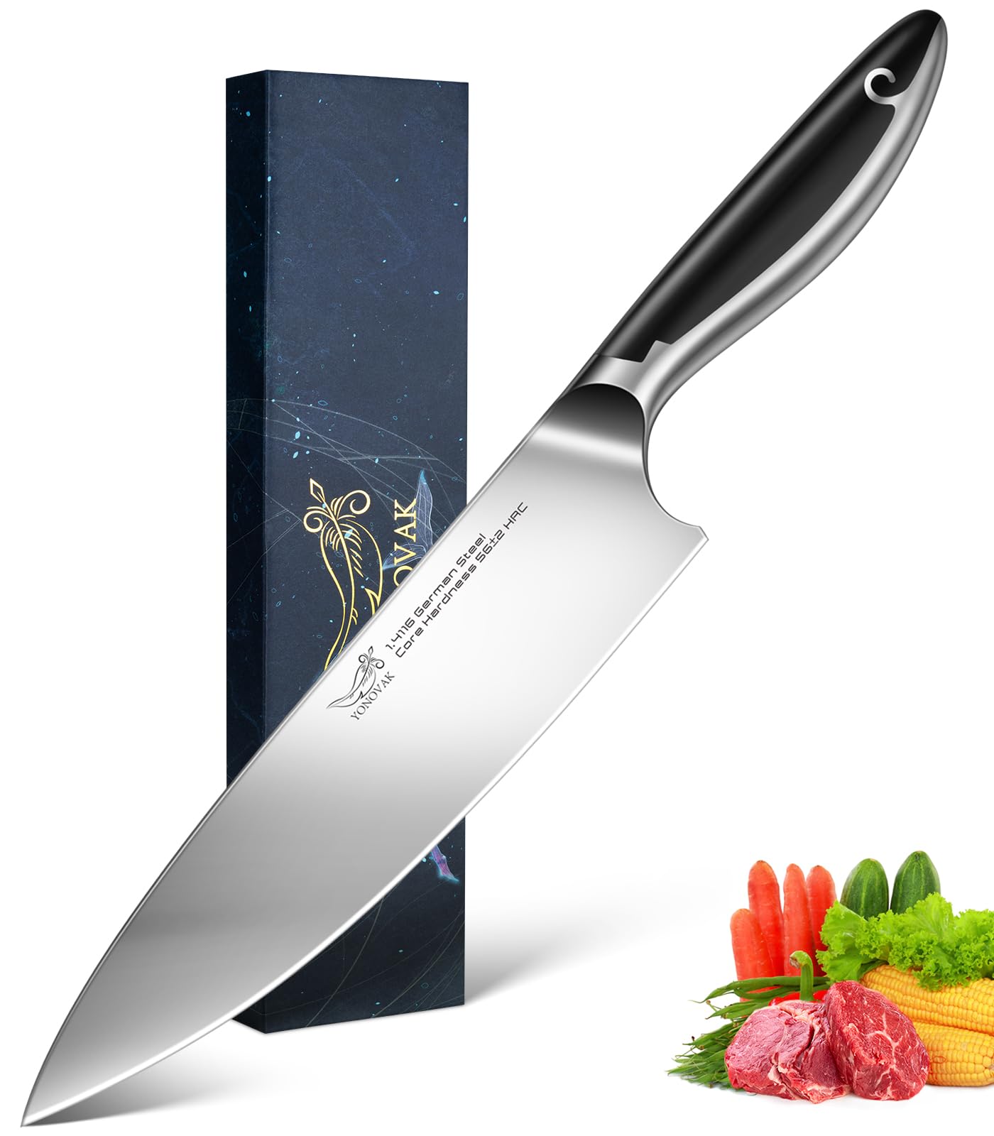 8 Inch German Chef Knife in EN1 4116 High Carbon Steel Ultra Sharp Non-Slip Full-Tang Handle Kitchen Knife