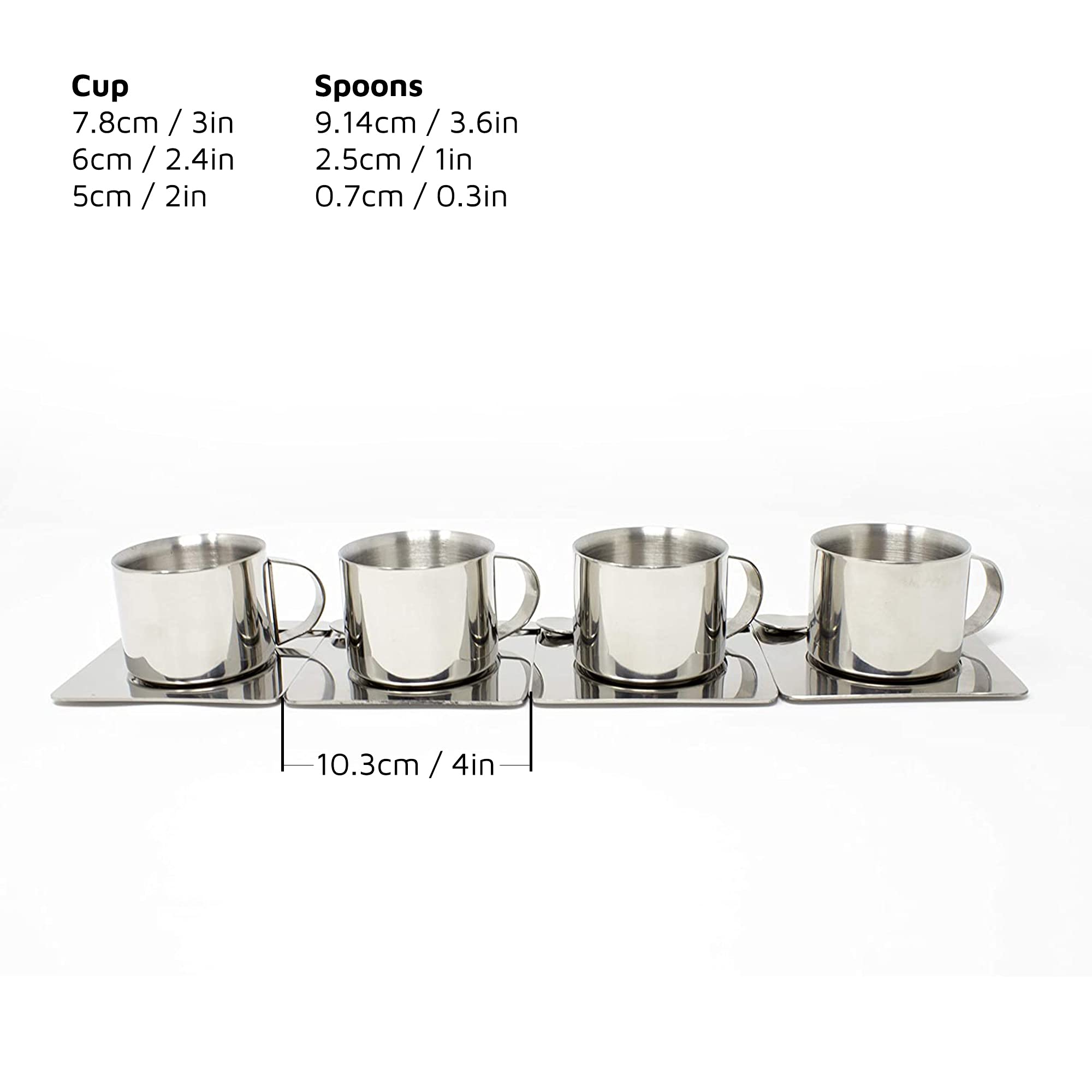 Jean-Patrique JP0261_FBA Juego de 4 Tazas de Espresso con platillos y cucharas, diseño Moderno y excelente retención de Calor. Apto para lavavajillas, Acero Inoxidable