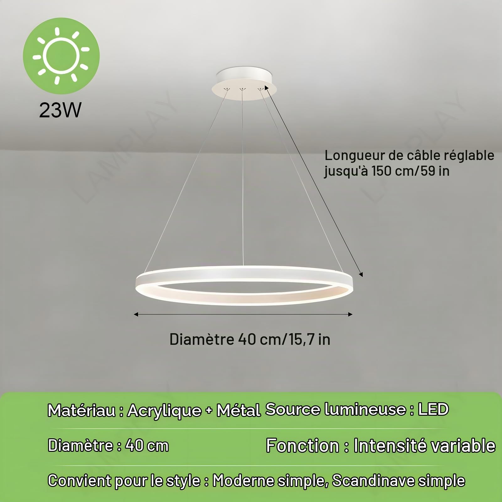 Lampe Suspendue Ronde Moderne À LED, 1 Anneau Blanc, Intensité Variable Avec Télécommande 3000K-6000K, Hauteur Réglable, Pour Hall, Salon, Chambre À Coucher, Salle À Manger, Cuisine(Ø40 cm)