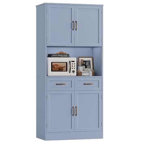 HOSTACK 71' Tall Kitchen Pantry Storage Cabinet, Kitchen Hutch, Light Blue | Modern Pantry Cabinet with Microwave Stand,