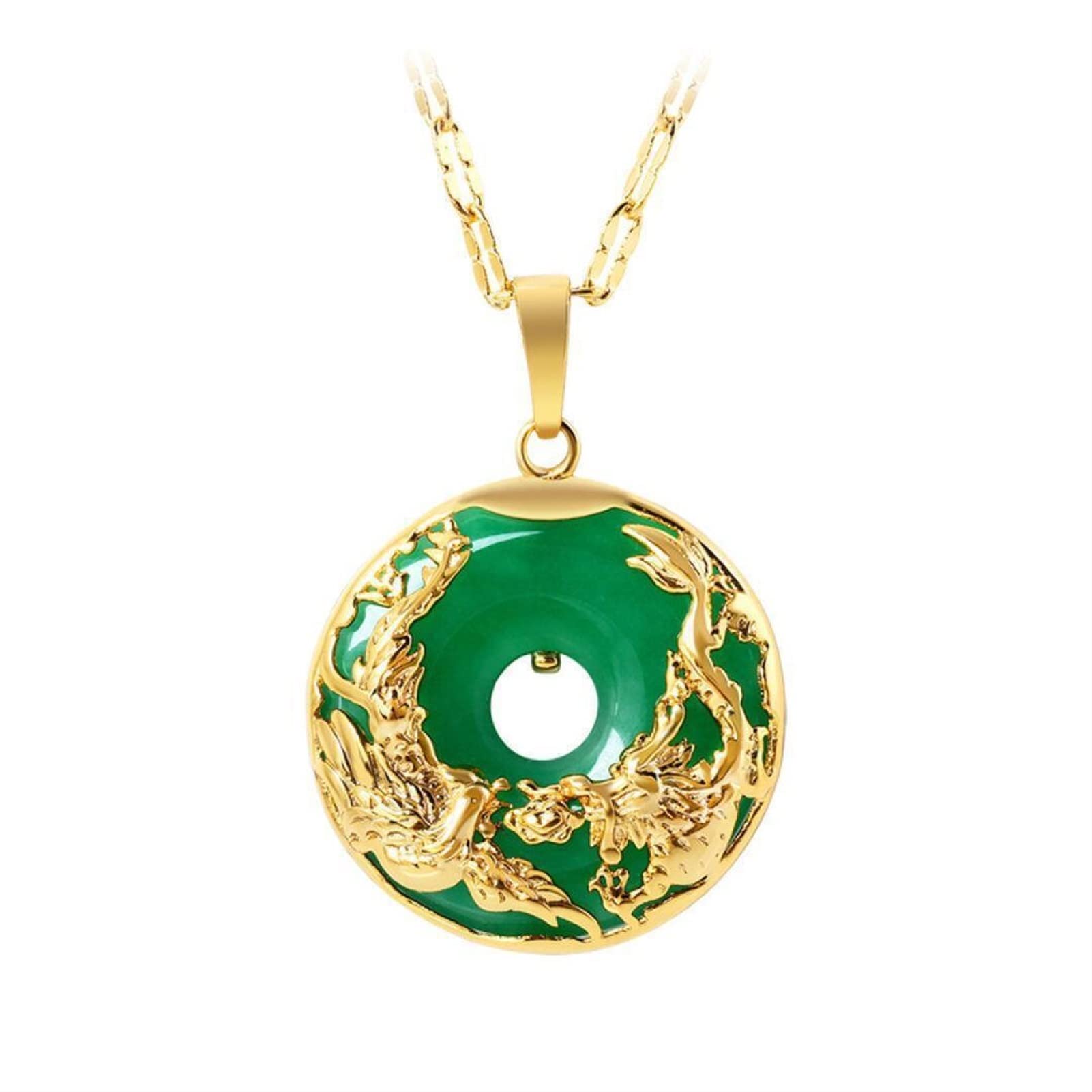 アクセサリー K18YG DRAGON PHOENIX PENDANT NECKLACE Natural Green Hetian Jade Pendant 18k Yellow Gold Dragon Phoenix
