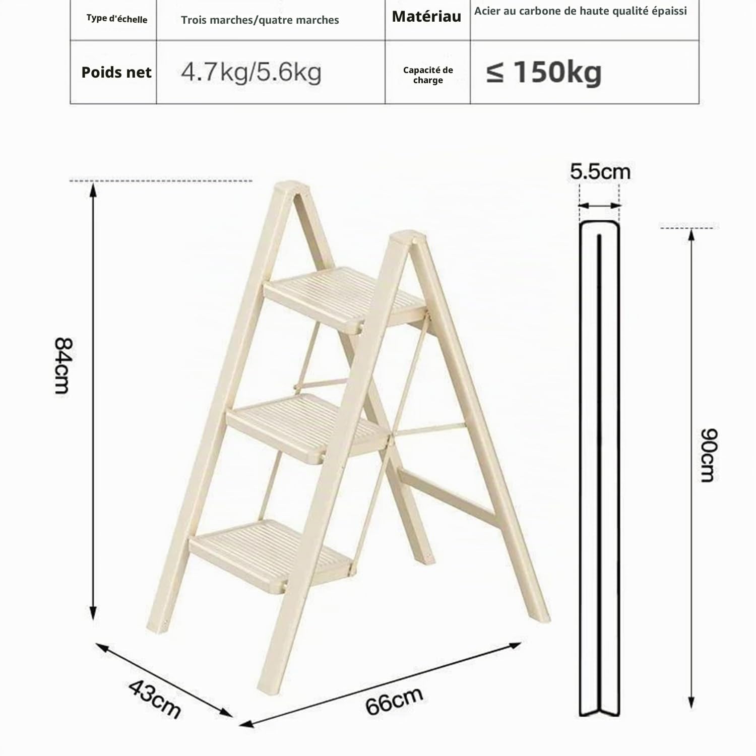 Escabeau 3 Marches Pliable,Léger Et Compact,Pédale Antidérapante Élargie,Cadre en Acier Robuste,Capacité De Charge De 150 Kg,Convient pour La Cuisine,La Maison,l'Extérieur Et Le Bureau.