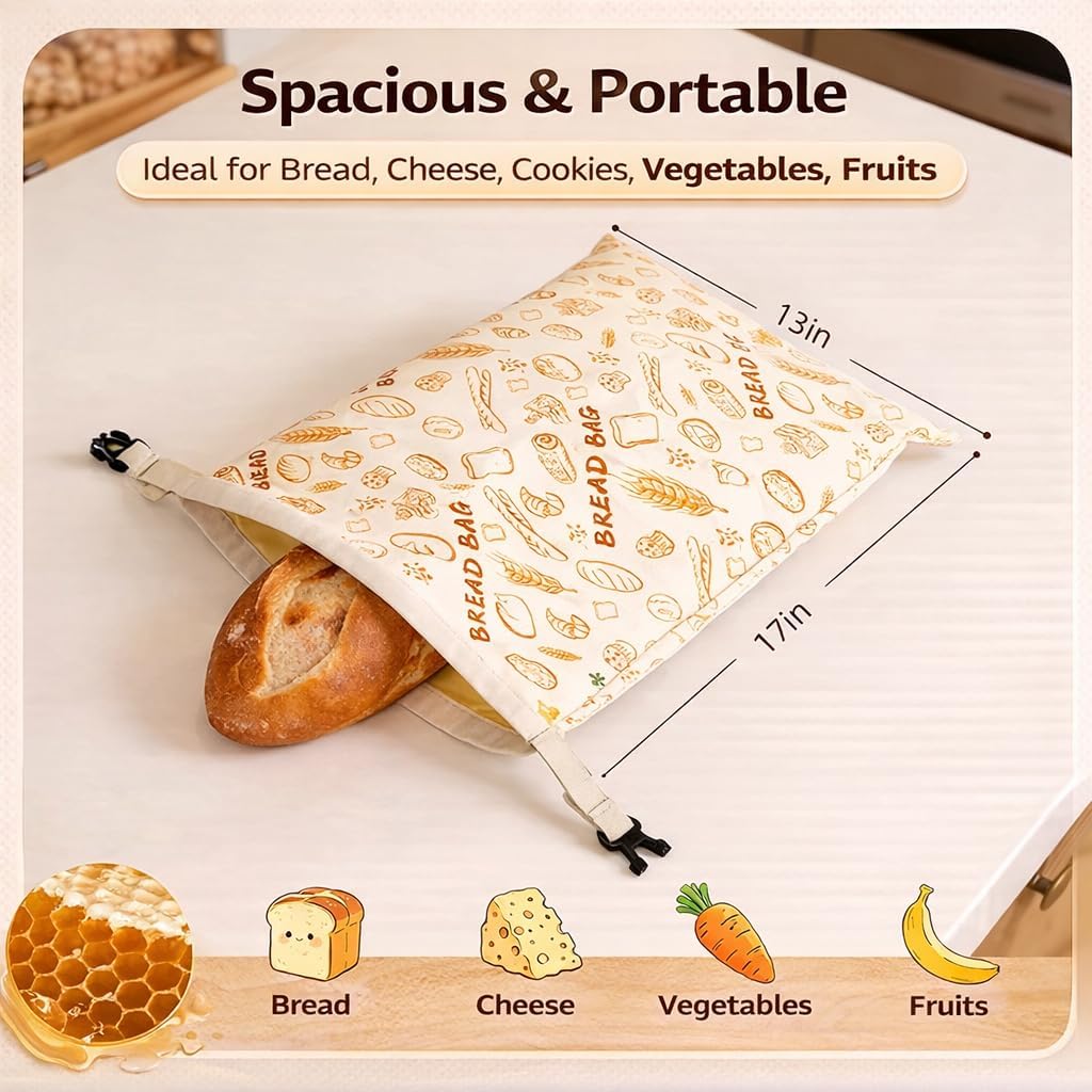 Beeswax Bread Bags, XL Reusable Cotton Storage Bags with Zipper for Homemade Sourdough Bread, Vegetables, Fruits, 2 Pack