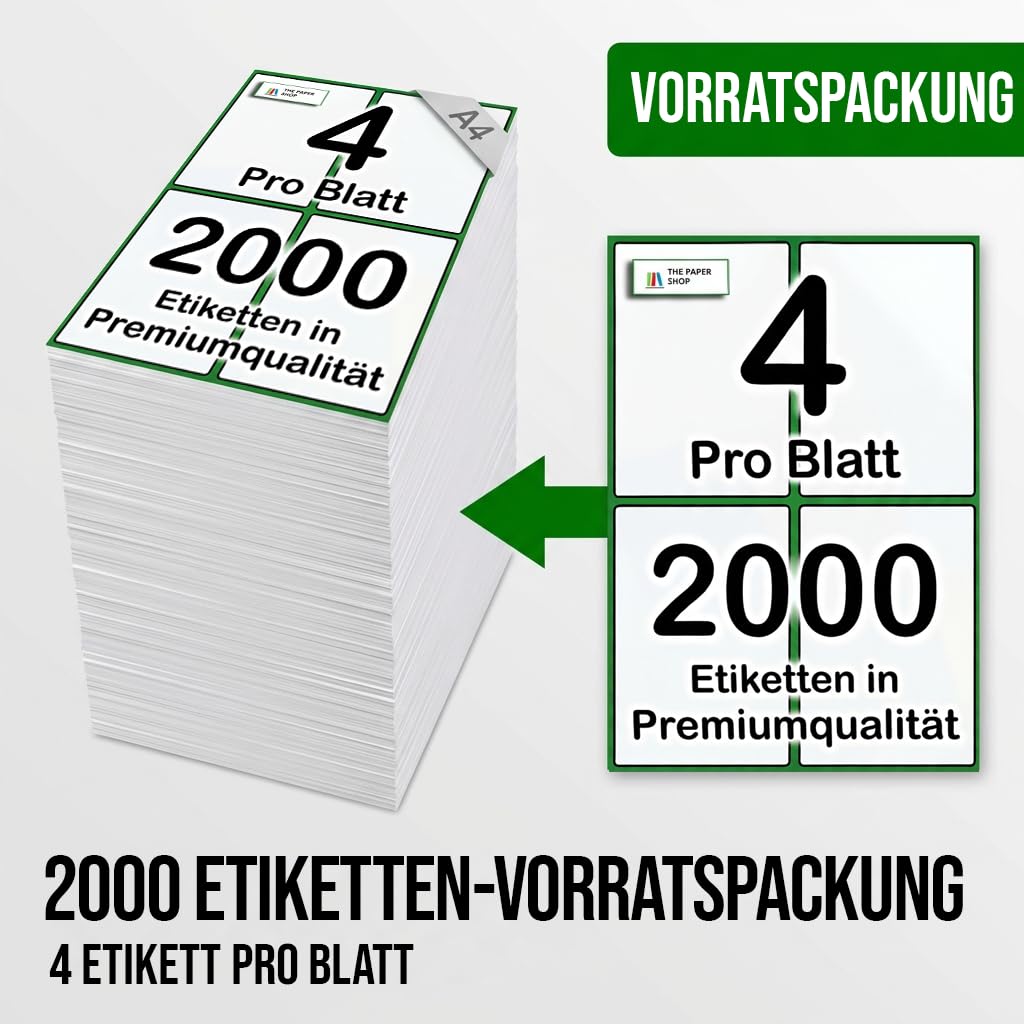 The Paper Shop Selbstklebende Etiketten A4 Vierfachbogen - 4 pro Blatt Weiß (2000 Etiketten) | Großpack Adressetiketten Bedruckbar für Laser- und Tintenstrahldrucker | Versand Paket FBA