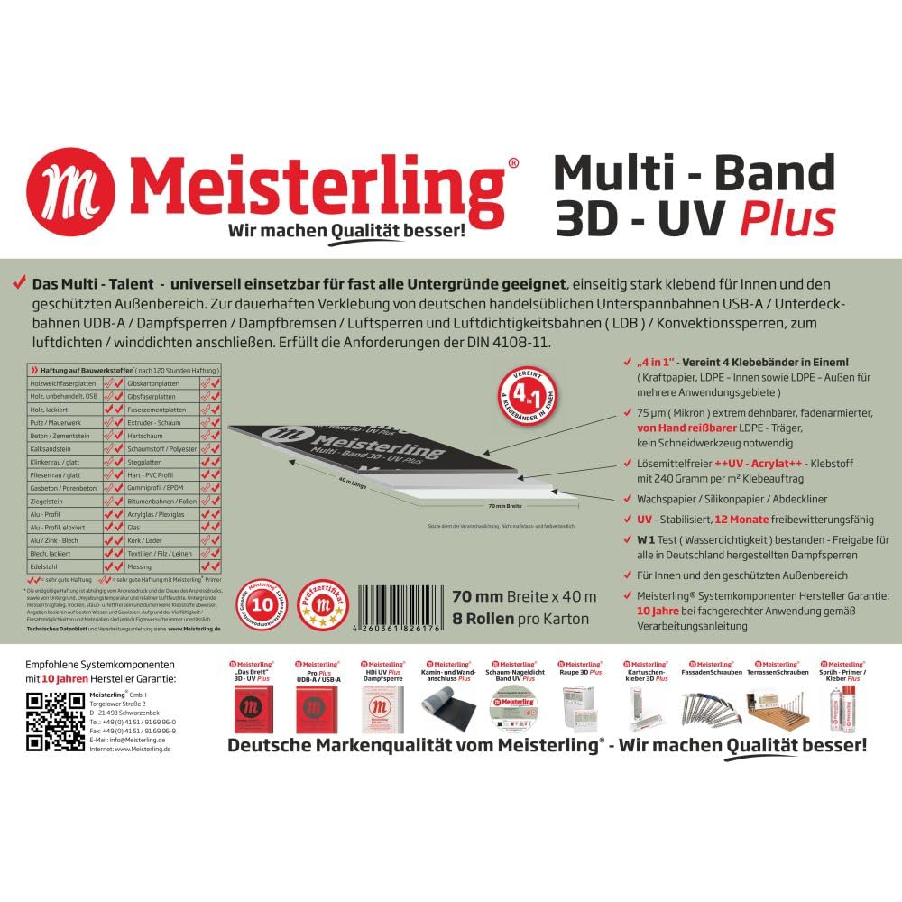 Multi - Band 3D - UV PLUS schwarz - von Hand reißbar - flexibles Hochleistungs-Klebeband für Dampfsperren & Dampfbremsen etc. (4, 70mm x 40m)