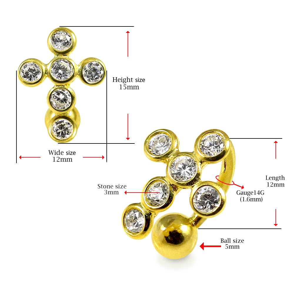 Piercing para ombligo de oro amarillo macizo de 14 quilates con circonita cúbica y cruz de cruz - Joyería de ombligo de 14 quilates - Piercing para el ombligo de calibre 14, 14 Gauge -