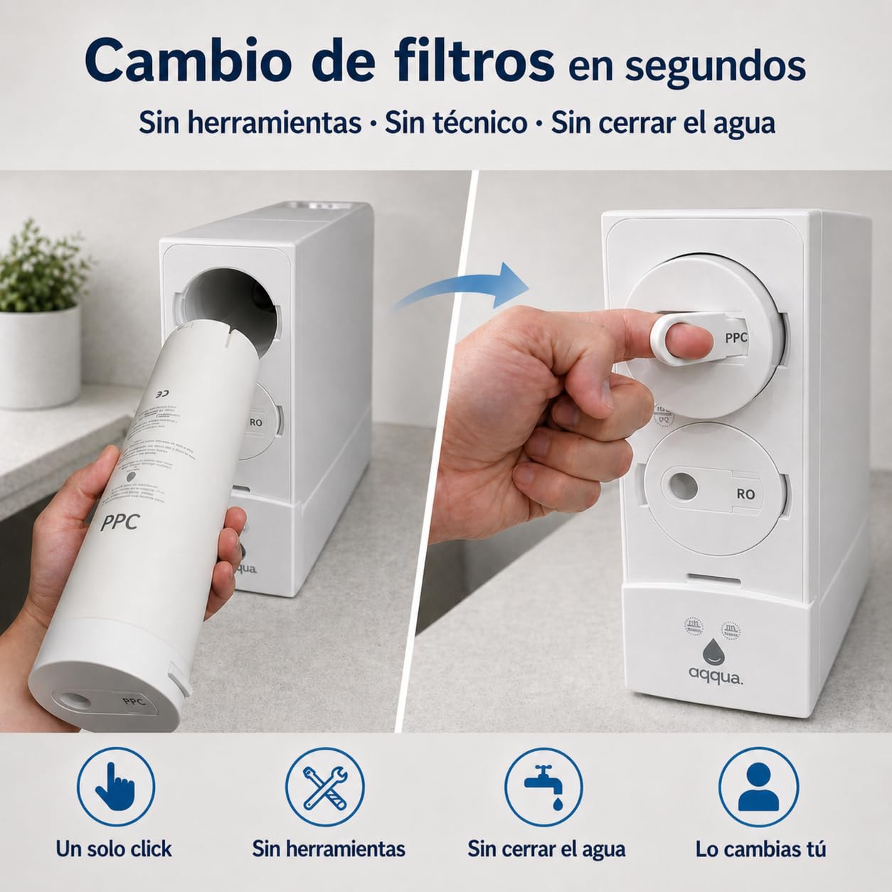 AQQUA FRESS 600GPD – Ósmosis Inversa Flujo Directo Sin Tanque | 5 Etapas | Instalación 15 min | Cambio Filtros 1 Click | Con o sin Electricidad y Desagüe en Modo ECO | Marca España