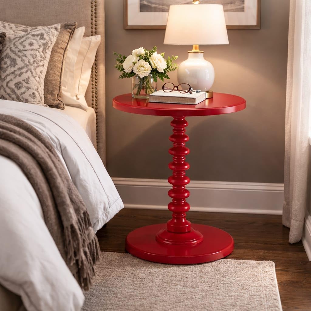 Elcom Handicrafts Round Side Table for Living Room Modern Wooden Accent Table with Pedestal Base Stylish End Table for Sofa, Bedroom & Home Decor (Red)-image-36