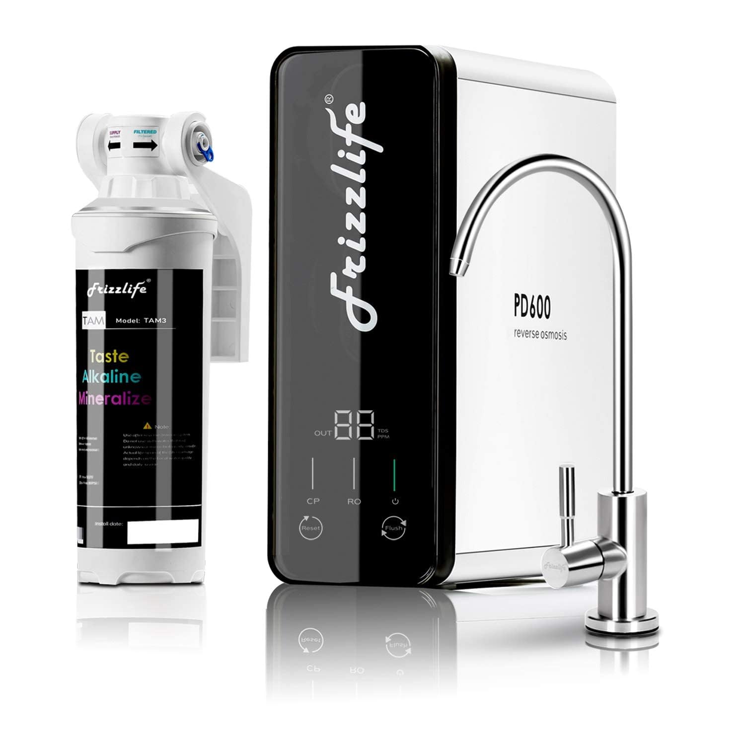 Frizzlife PD600 - Depuratore Acqua Sottolavello, Osmosi Inversa con Rimineralizzazione Alcalina, Rapporto di Scarico 2:1, Filtro Acqua Potabile Senza Serbatoio, con Rubinetto in Acciaio Inox