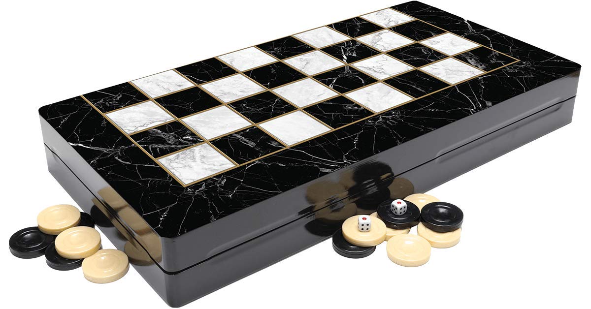Chessgammon BACKGAMMON CHECKERS DRAUGHTS SET LARGE WOODEN FOLDABLE STORAGE TRAVEL HOLIDAY ADULT KIDS FAMILY TRADITIONAL BOARD GAME BLACK AND WHITE DESIGN WITH DOUBLING DICES