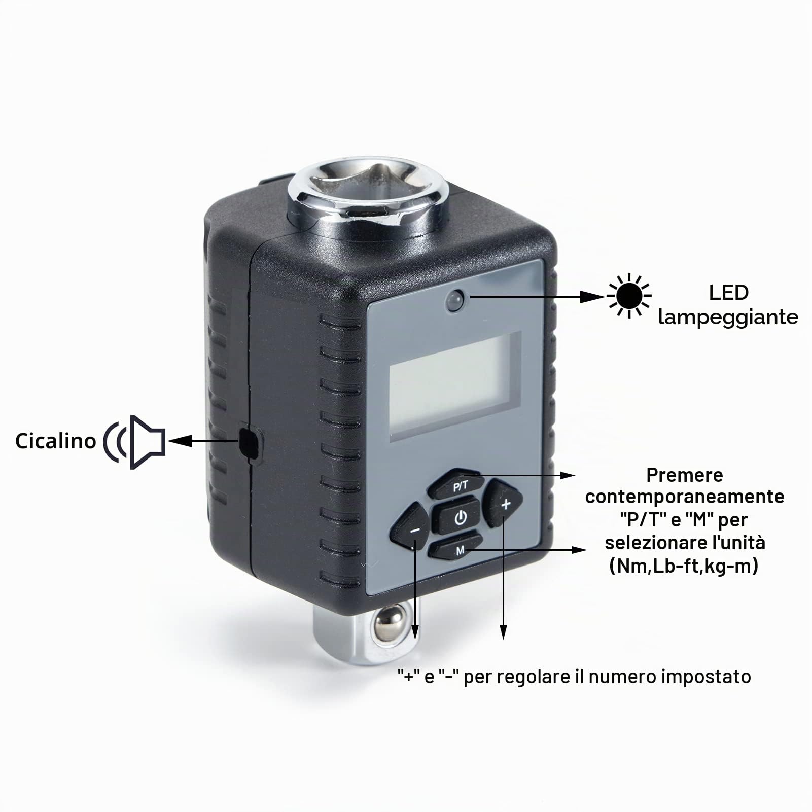 ThreeH Adattatore Dinamometrico Digitale 1/4 pollice (0,22-22,1ft-lb/0,3-30Nm) con Cicalino e flash LED Convertitore per Chiave Dinamometrica Digitale da 1/4''