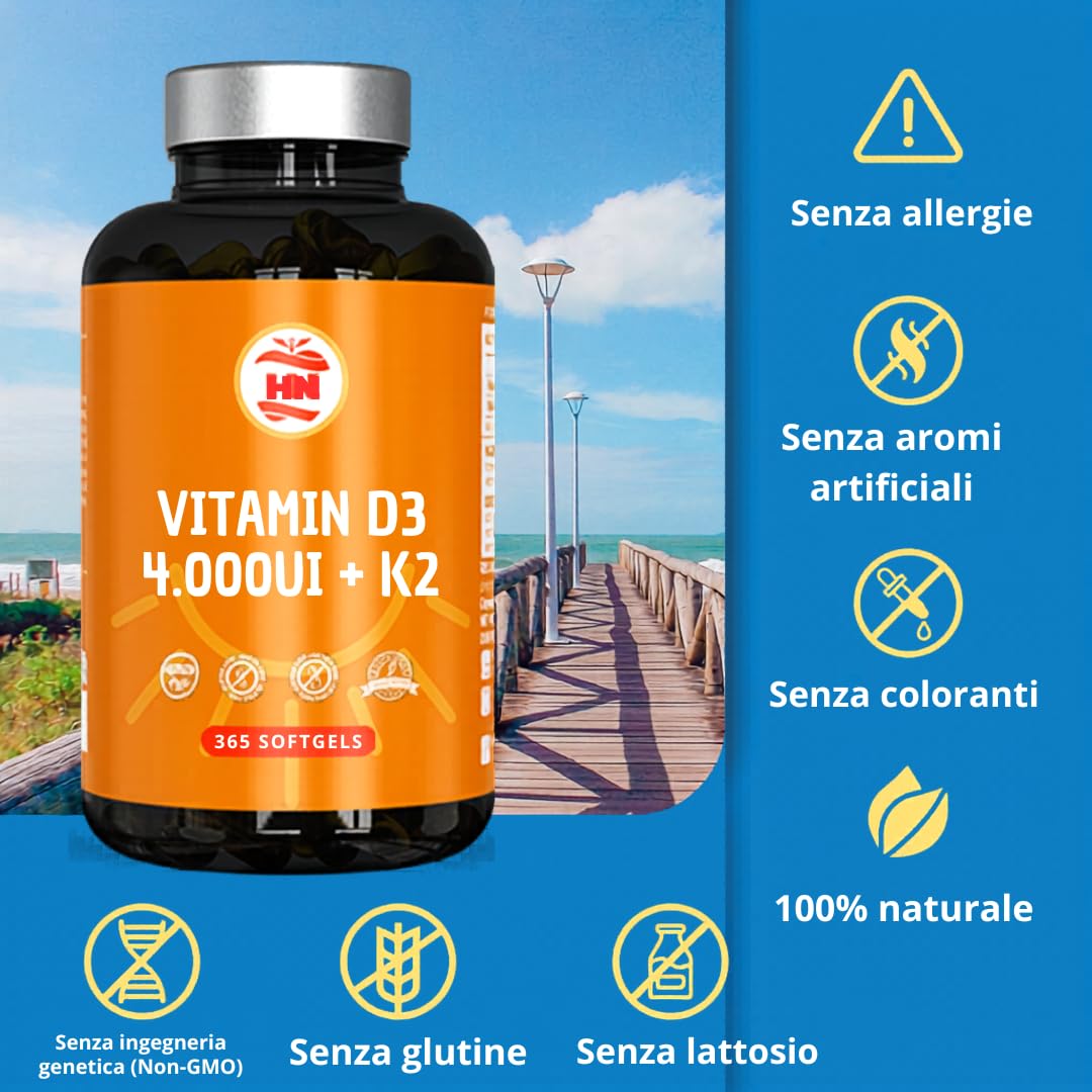 Vitamina D3 K2 (4000 UI) di Alto Dosaggio Vitamina D Supporta alla funzione immunitaria e ossea Integratore Vitamin D3 + K2 altamente concentrata per regolare il metabolismo del calcio 365 Compresse