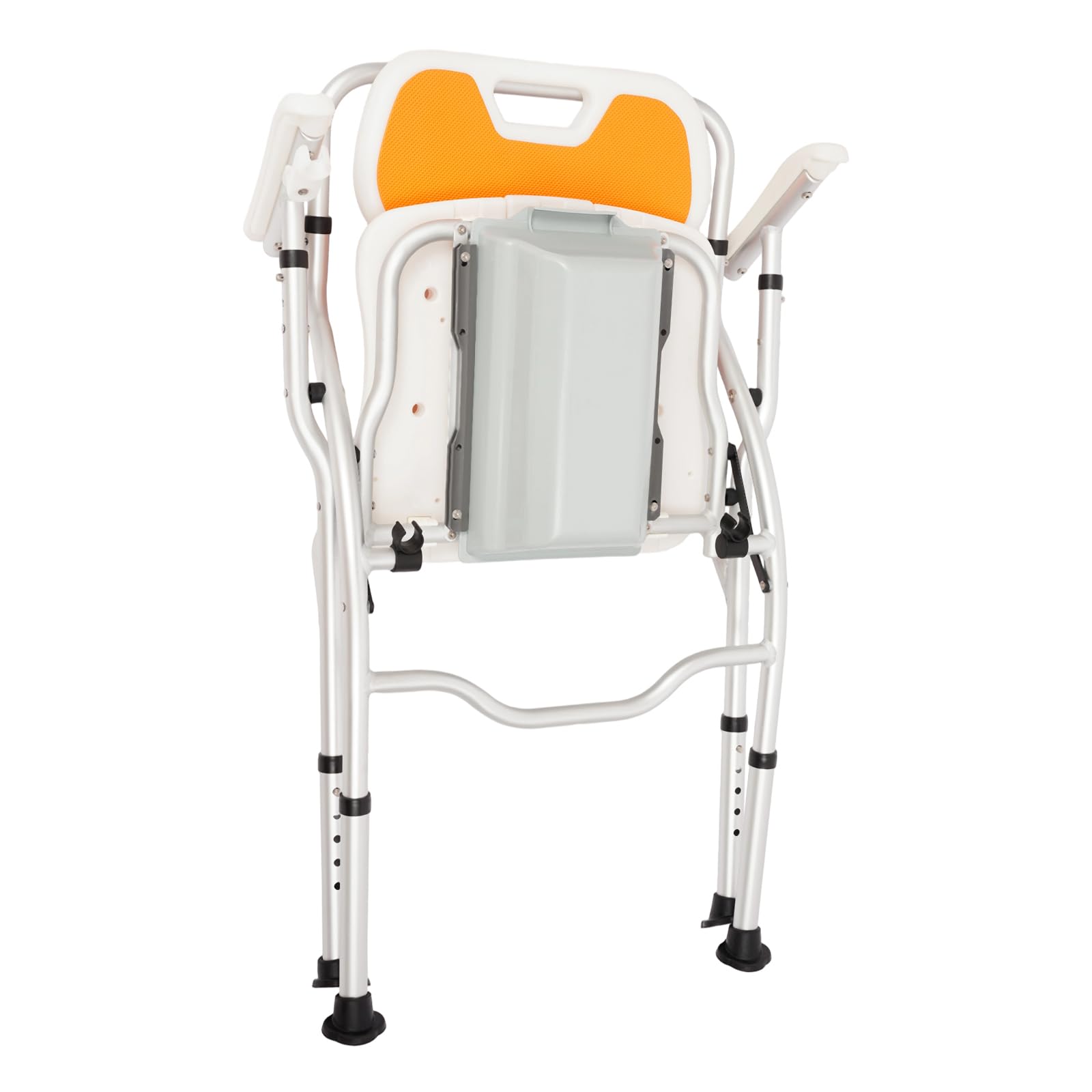Sedie da doccia con braccioli e schienale, sedia pieghevole per WC e doccia con contenitore per urina, colore arancione, sgabello da bagno da 150 kg, altezza regolabile da 42 a 47 cm, cassettiera per