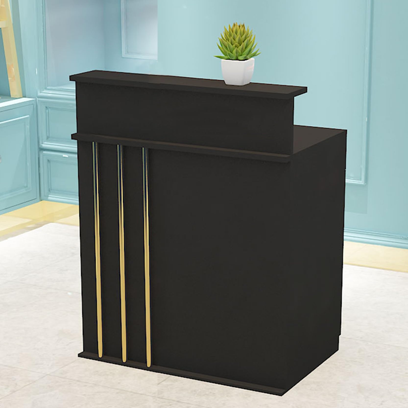Reception Desk with Counter, L Shaped Modern Front Office Table for Checkout & Retail, Computer Cabinet with Lockable Drawer, Small Cash Register Stand, for Lobbies, Salon, Hotel, Reception Room(Black