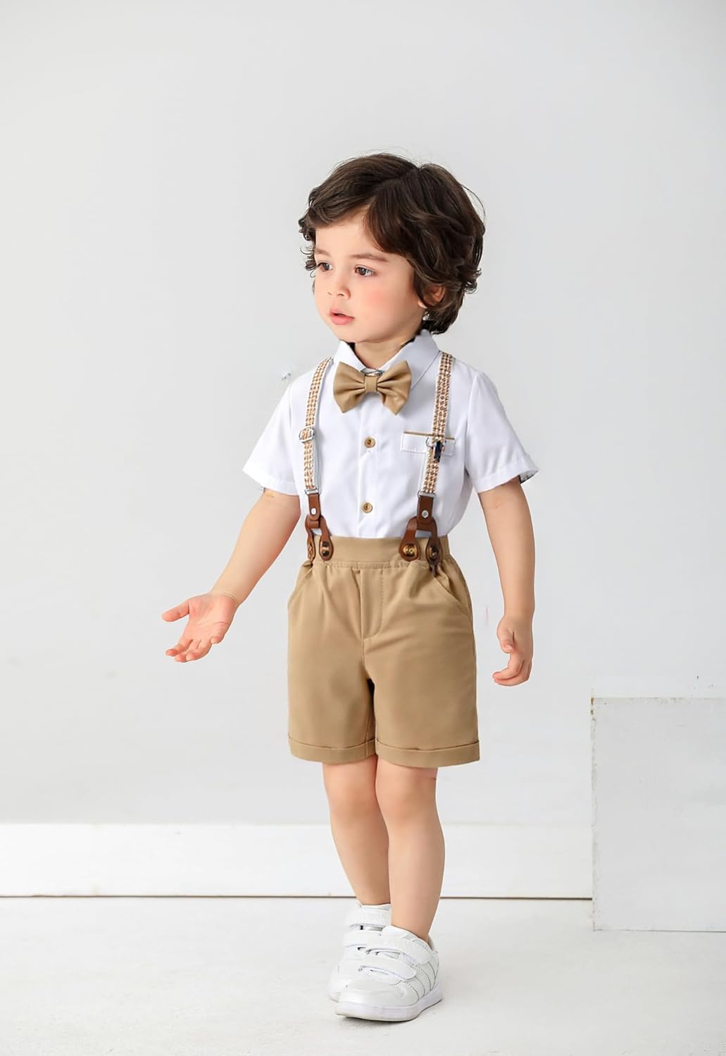 Boarnseorl Baby Boys Gentleman Outfits Shorts Sets,Infant Shirt + Shorts + Bow Tie + Suspenders - Image 2