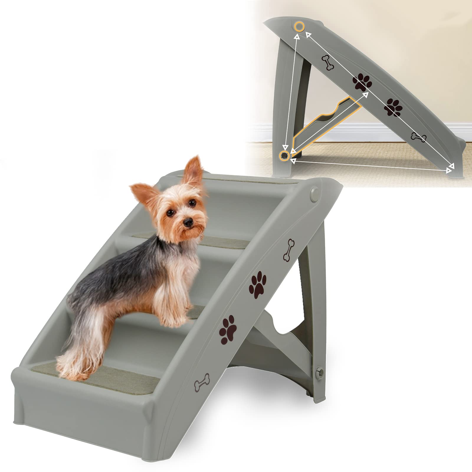 Scala per cani, 4 gradini, pieghevole, altezza 50 cm, con tappeto antiscivolo, per cani, gatti, letto, divano, bagagliaio, grigio