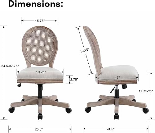 Miniatura 2 de LukeAlon Silla de oficina de lino con respaldo de ratán, silla giratoria de altura ajustable con marco de madera, silla de escritorio sin brazos con