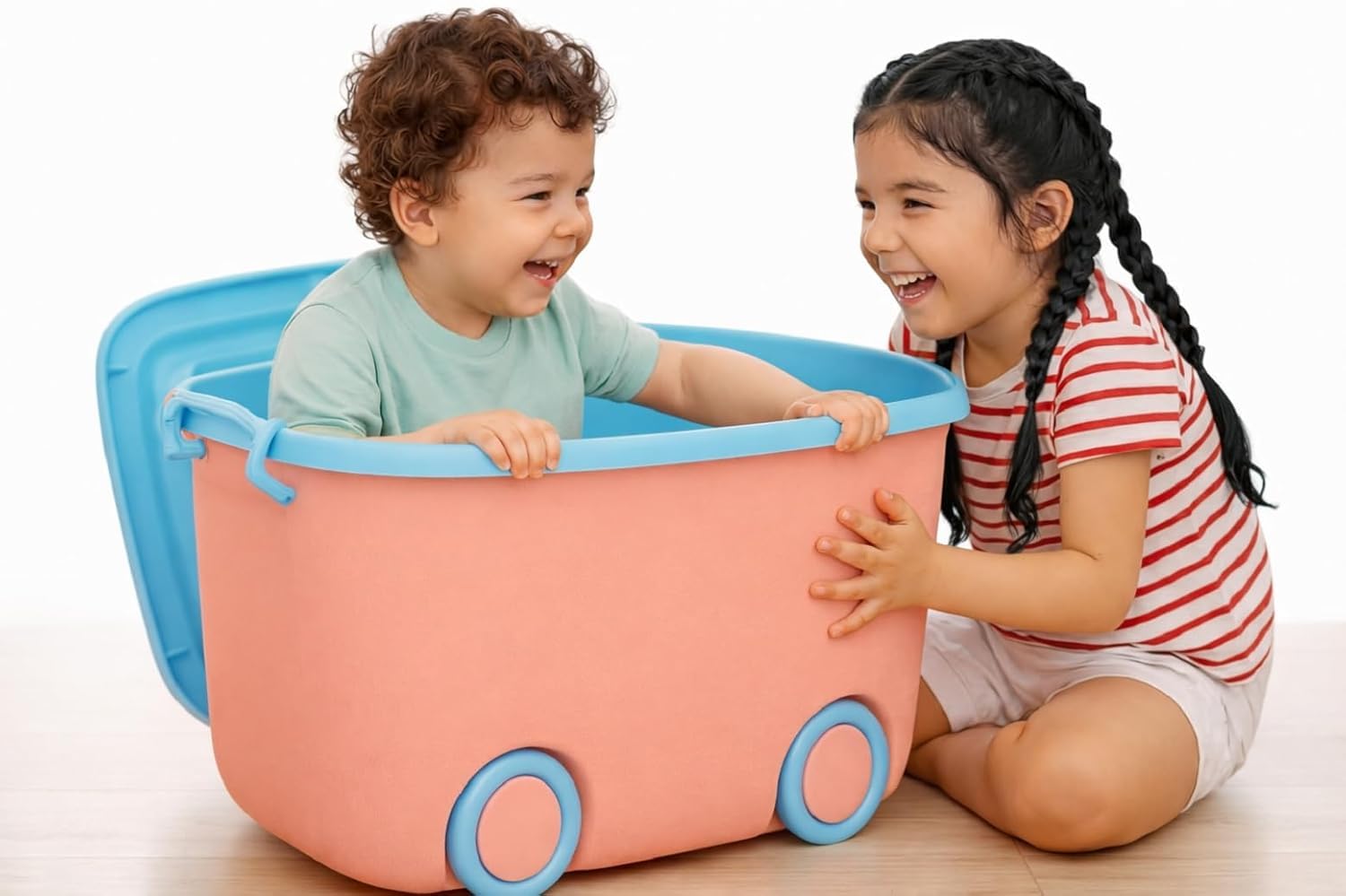 Multipurpose Organizer Storage Box with 4 Wheels, Lid & Handle 45L Large Stackable Plastic Kids Toy Storage Bin for Playroom & Nursery Rolling Polypropylene Basket for Clothes & Books (Pink)-image-6