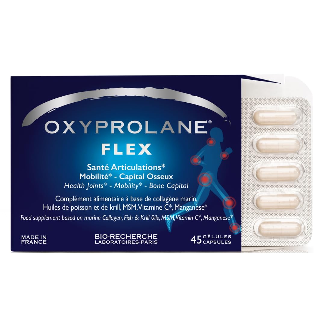 Oxyprolane® Flex • Complément Alimentaire Articulations, Capital Osseux, Arthrose • 45 gélules • Collagène Marin, MSM, Manganèse • Fabriqué en France LABORATOIRES BIO-RECHERCHE ®