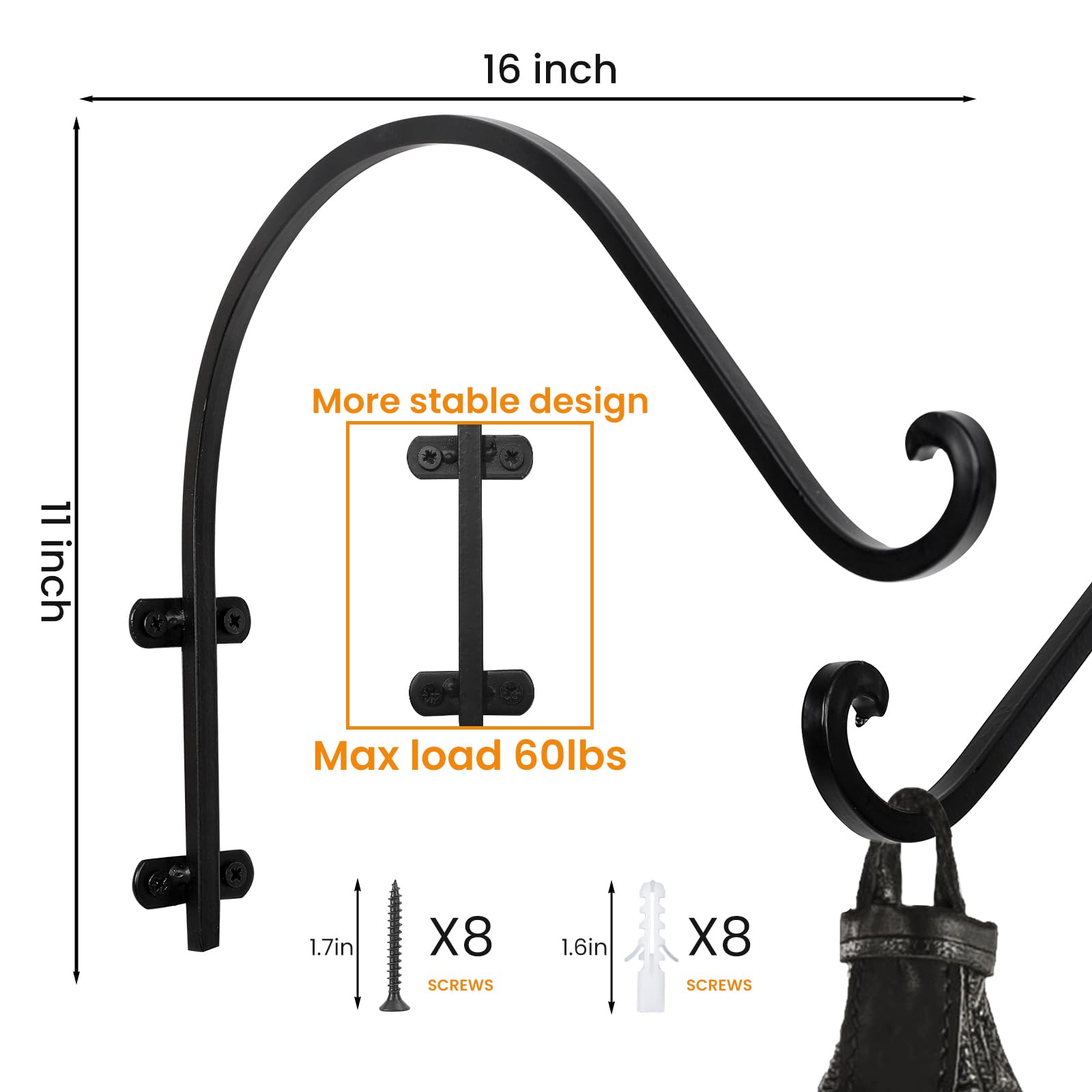 Lot de 4 supports de suspension robustes de 40,6 cm, parfaits pour une utilisation en intérieur et en extérieur, supports de suspension noirs pour plantes, fleurs, paniers, jardinières,