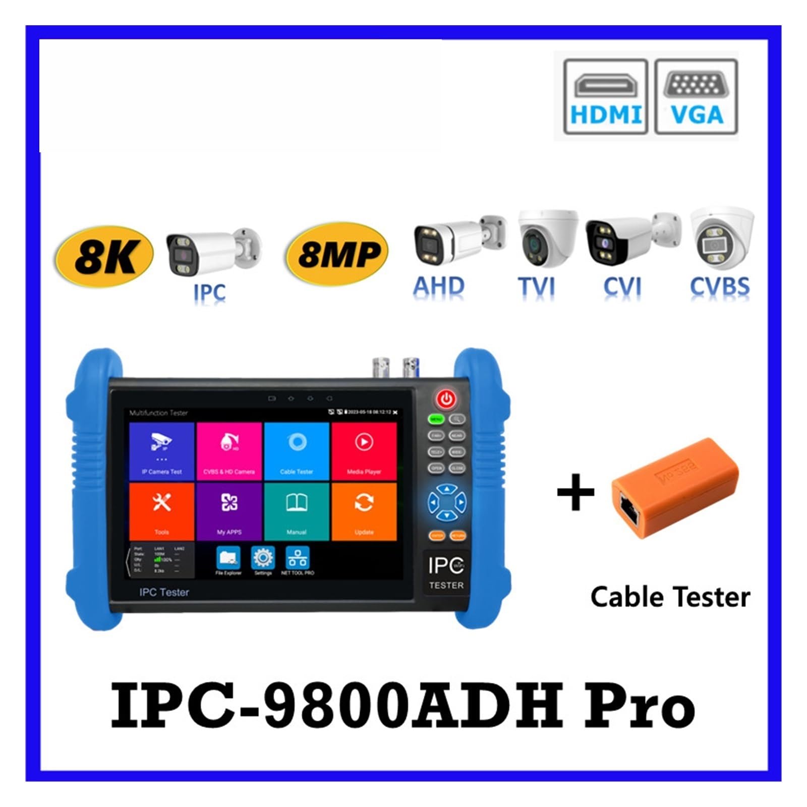 Testeur de vidéosurveillance, Testeur De Vidéosurveillance IPC-9800ADH 8K IPC8MP AHD CVI TVI, Caméra, Câble UTP, PoE IP, Entrée HDMI VGA, Sortie Puissance, CCTV IPC