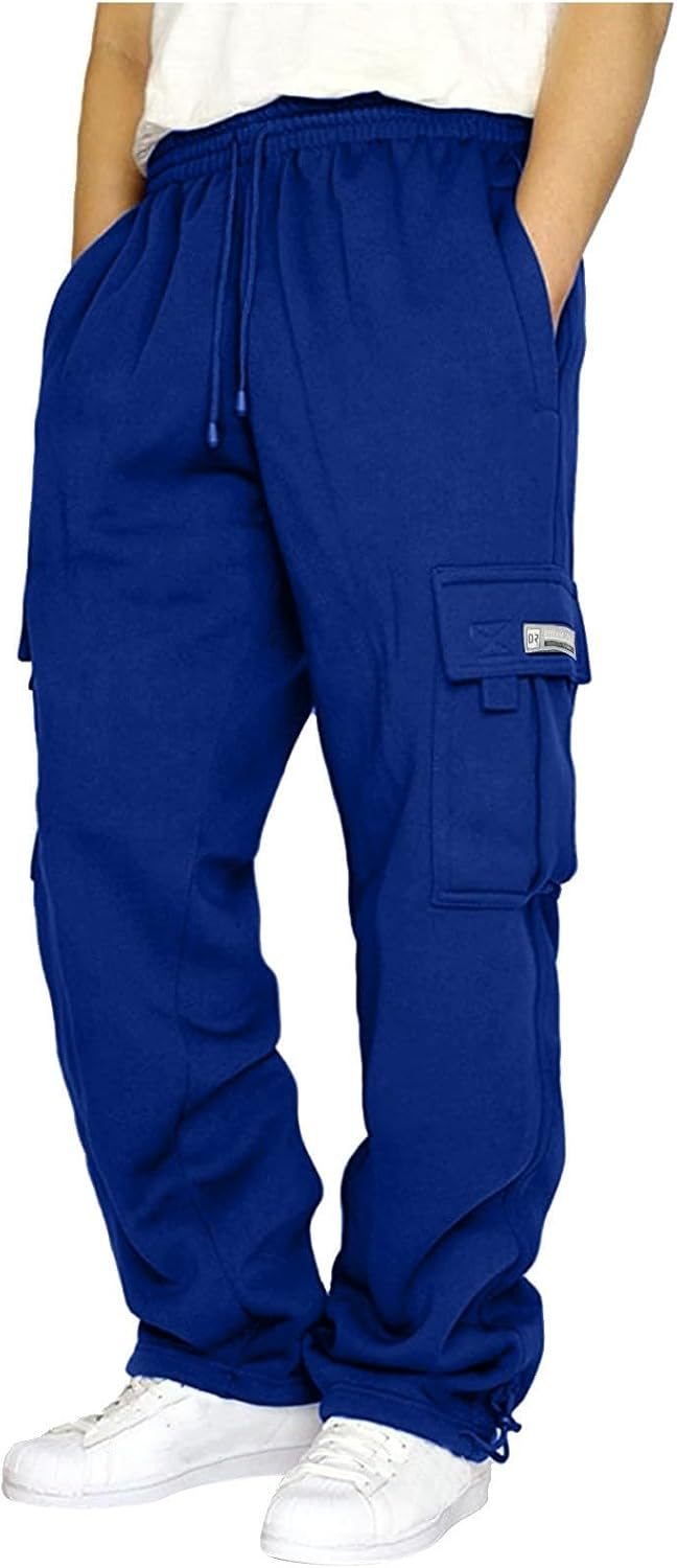 Mens Sweatpants Open Bottom Baggy Stretch Cargo Joggers with Pockets Fleece Drawstring Casual Hiking Athletic Pants