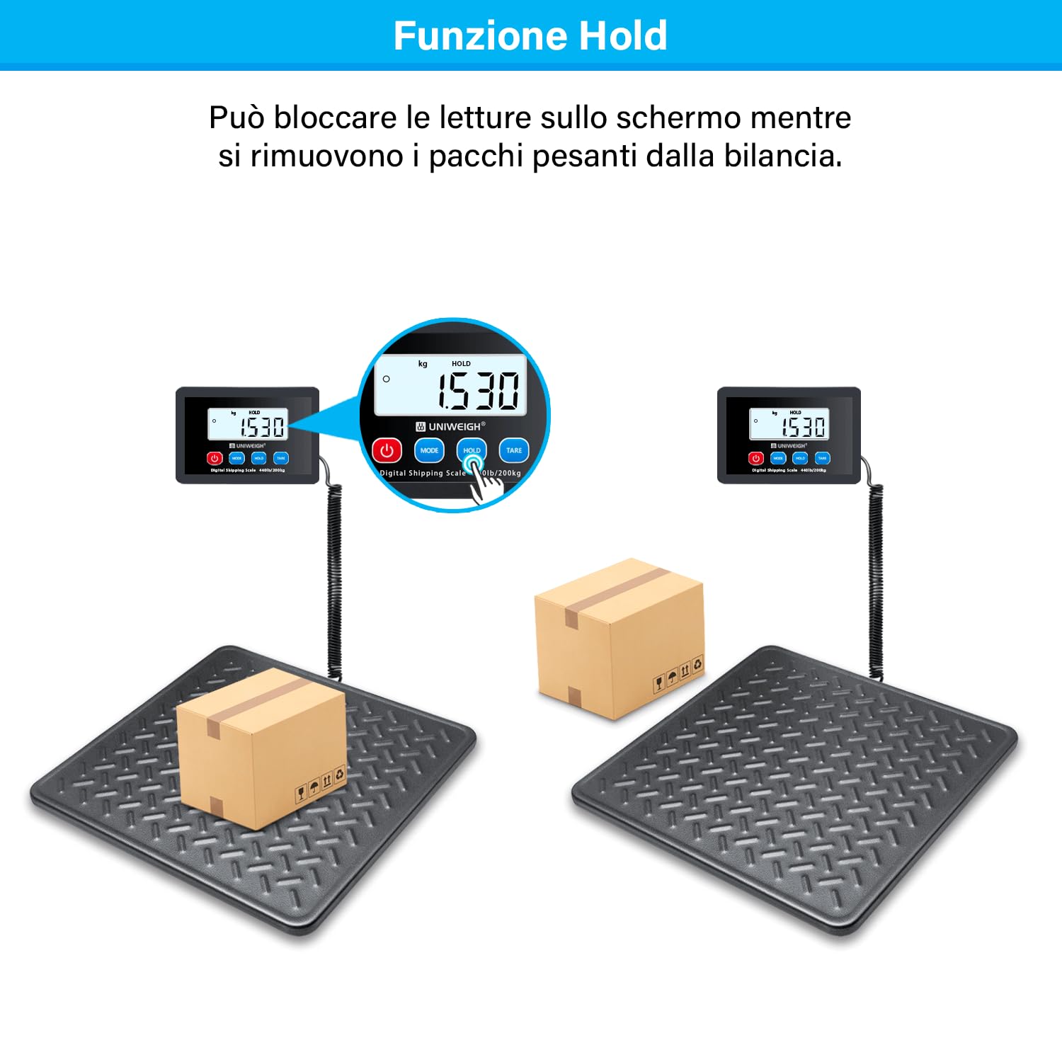 UNIWEIGH Bilancia postale 440lbs x 10g, piattaforma in lega d'acciaio, LCD Hold Tara