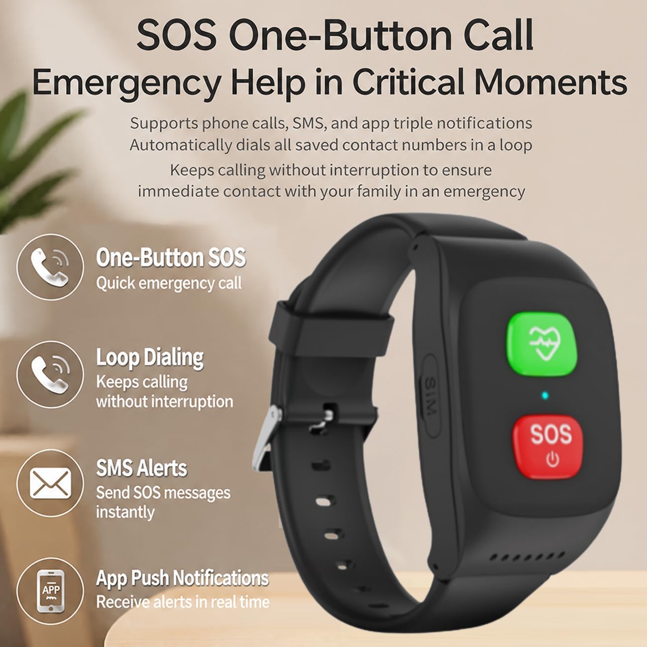 Bracciale Salvavita Anziani Personale Orologio SOS Anziani Anticaduta Rilevamento Cadute Localizzazione Bracciale GPS Notifica di Caduta per Smartphone Black,5.8 * 3.5 * 1.8cm