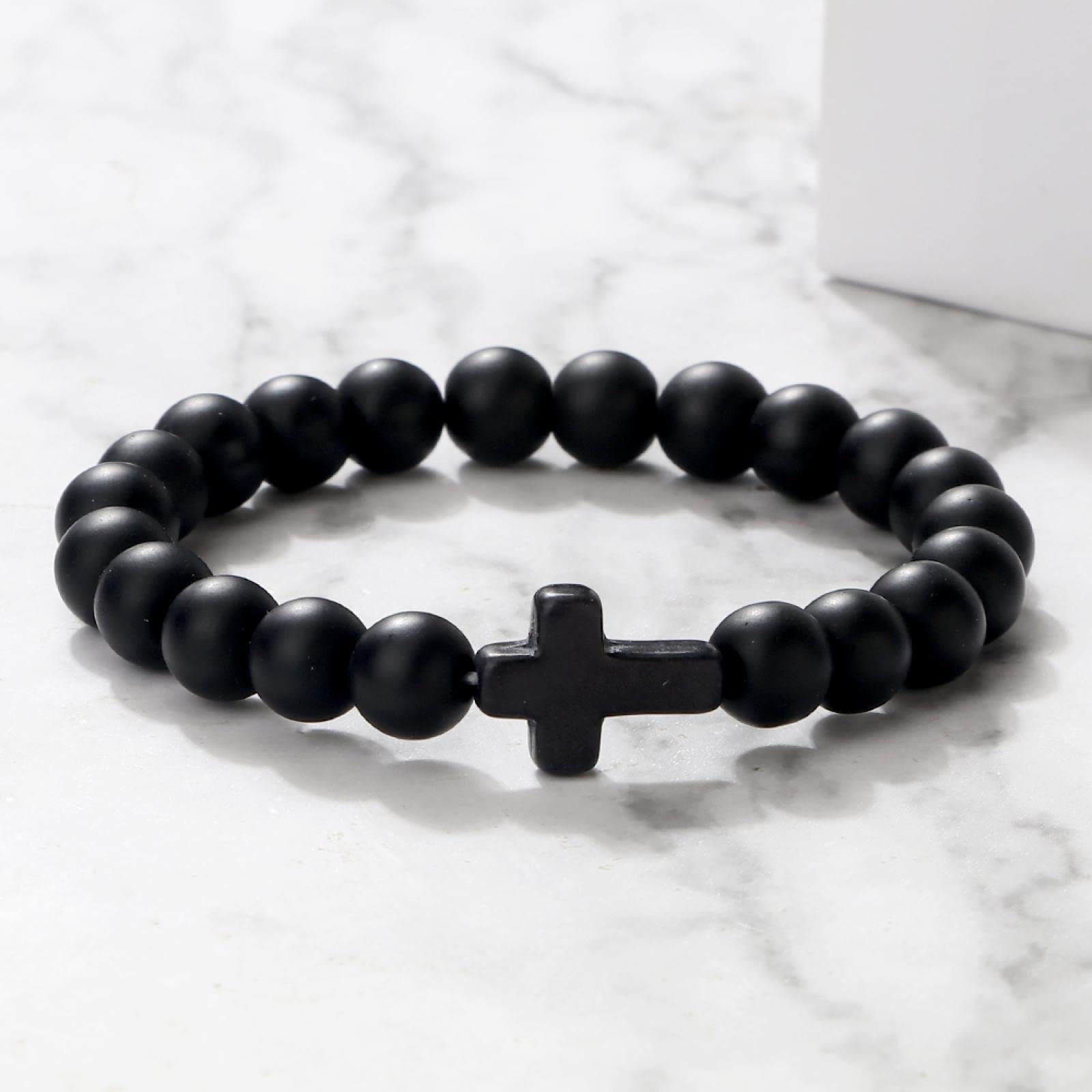 WZGWDC Armbänder Damen Damen Armband Mädchen Geschenk Charm Naturstein Kreuz Schwarz Lava Matte Perlen Handgemacht Männer Gebet Fitness Kette Paar