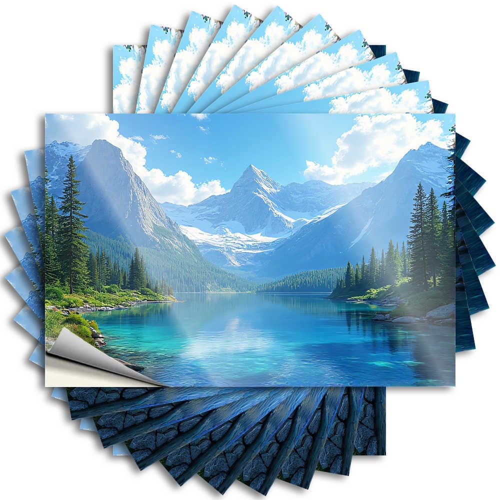 Guest Bathroom Decor Hard Decals | Serene Lake Amidst Majestic Mountains Vintage Durable Vinyl Sticker Easy Apply for Colorful(8X12CM)
