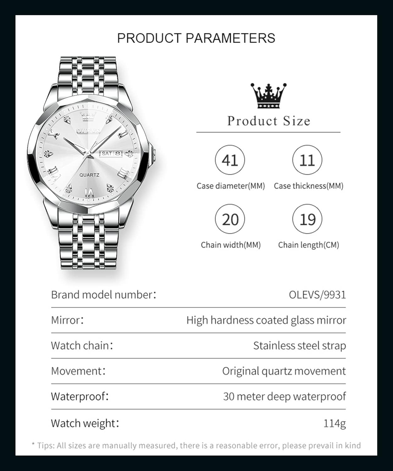 Miniatura 6 de OLEVS Reloj para hombre de acero inoxidable con diamantes para hombre, resistente al agua, con fecha y día analógico de cuarzo